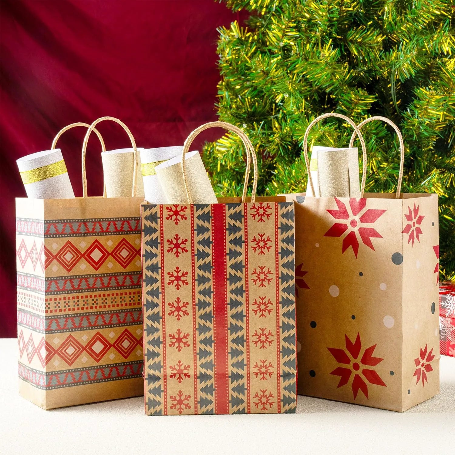 24 PCS Christmas Kraft Gift Bags with Durable Handles and Non-Breaking Bottoms for Holiday Gifts