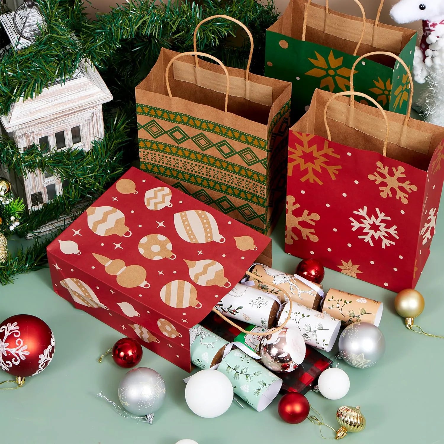 24 PCS Christmas Kraft Paper Gift Bags with Handles for Holiday Wrapping and Party Favors