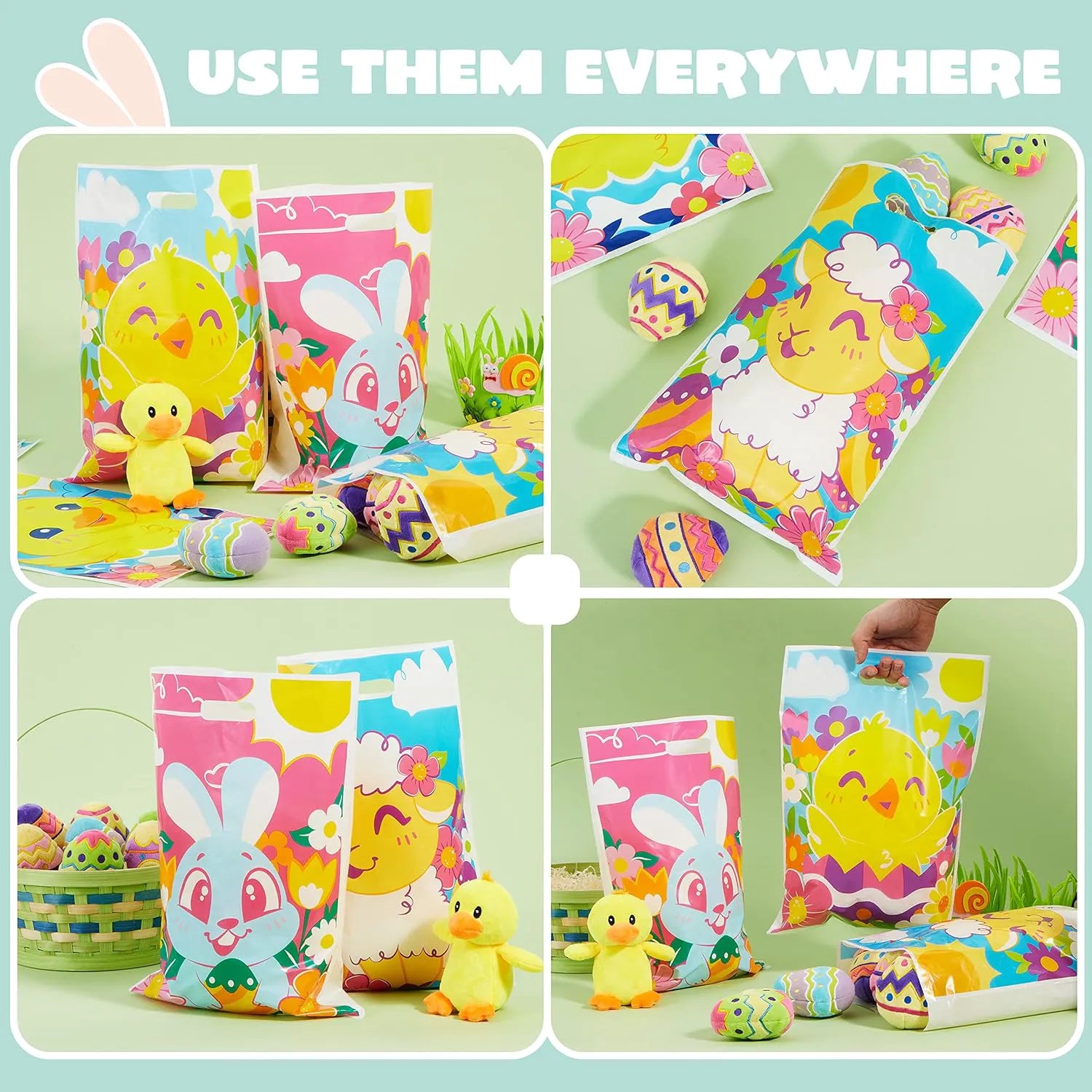 JOYIN 72 Pack Easter Plastic Gift Bags with Animal Flower Easter Party Supplies for Kids