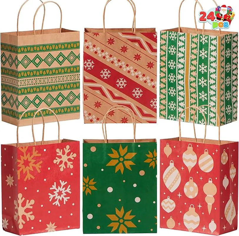 24 PCS Christmas Kraft Paper Gift Bags with Handles for Holiday Wrapping and Party Favors