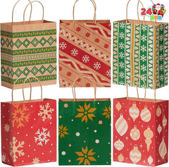 24 PCS Christmas Kraft Paper Gift Bags with Handles for Holiday Wrapping and Party Favors