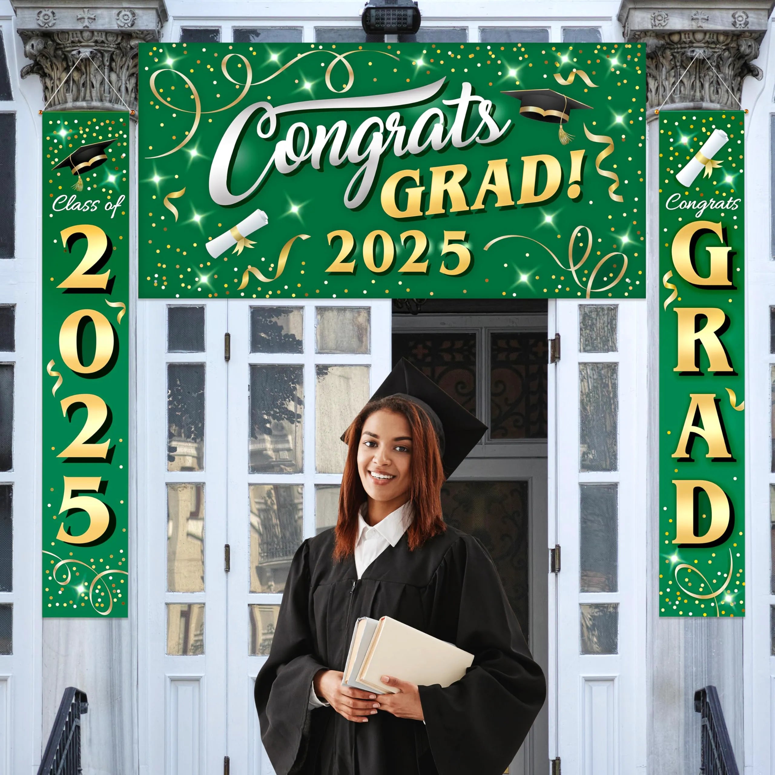 JOYIN 3 Pcs Graduation Decorations Class of 2025, Satin Fabric Congrats Grad Banner Set, Green & Gold Party Backdrop and Banner Hanging Porch Supplies for College Graduation Party Indoor Outdoor Decor