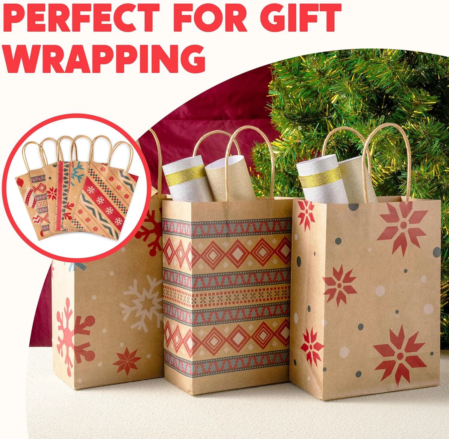 24 PCS Christmas Kraft Gift Bags with Durable Handles and Non-Breaking Bottoms for Holiday Gifts
