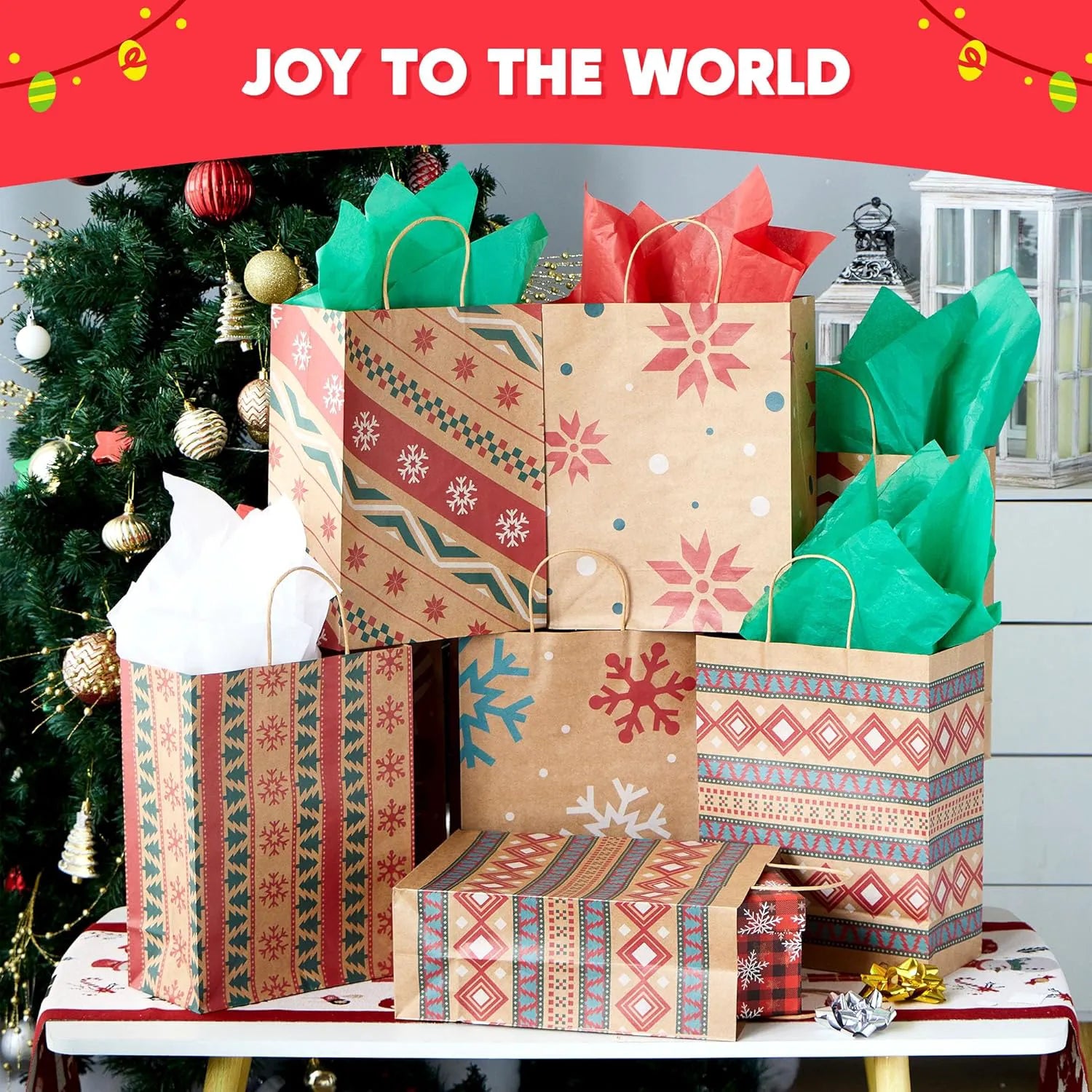 24 Pack Christmas Kraft Gift Bags with Handles for Holiday Presents