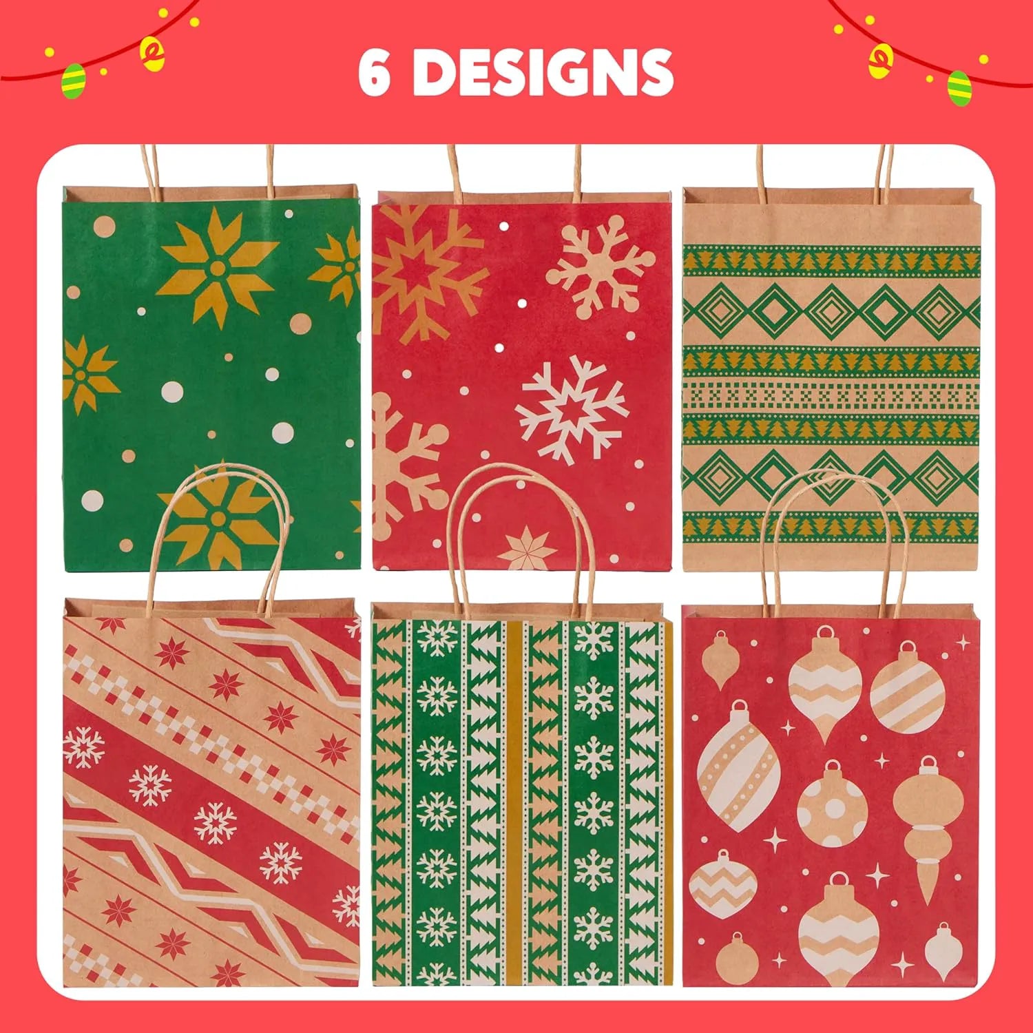 24 PCS Christmas Kraft Paper Gift Bags with Handles for Holiday Wrapping and Party Favors