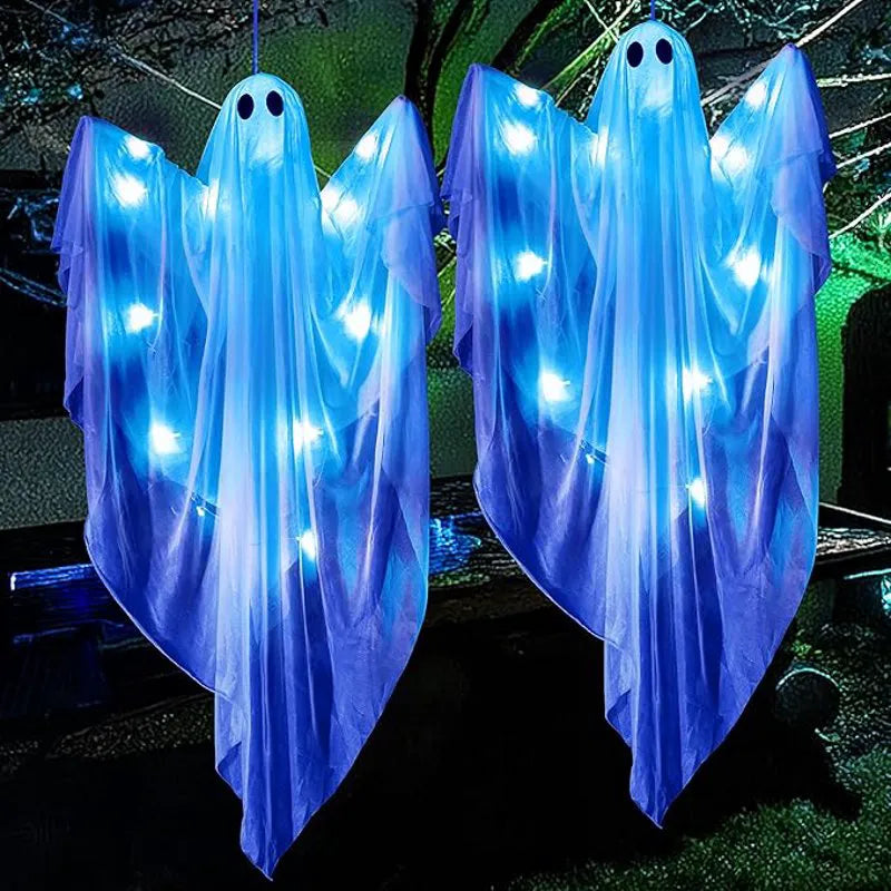 2 Pcs 35.4” Halloween Hanging Light-Up Ghost with Blue LED Lights