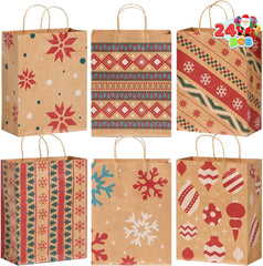 24 Pack Christmas Kraft Gift Bags with Handles for Holiday Presents