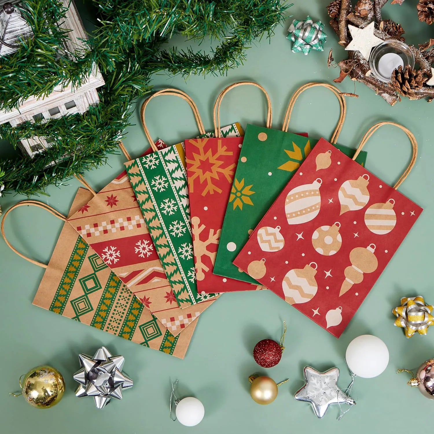 24 PCS Christmas Kraft Paper Gift Bags with Handles for Holiday Wrapping and Party Favors