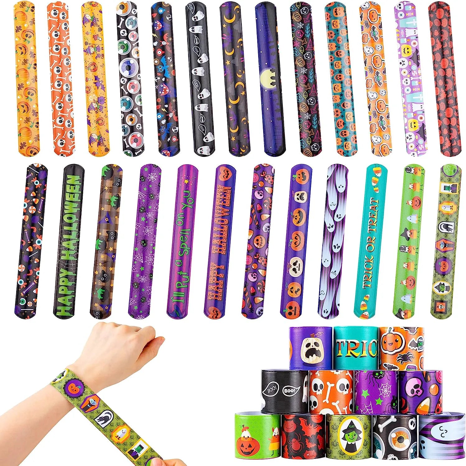 100 Pack Halloween Friendship Slap Bracelets for Kids