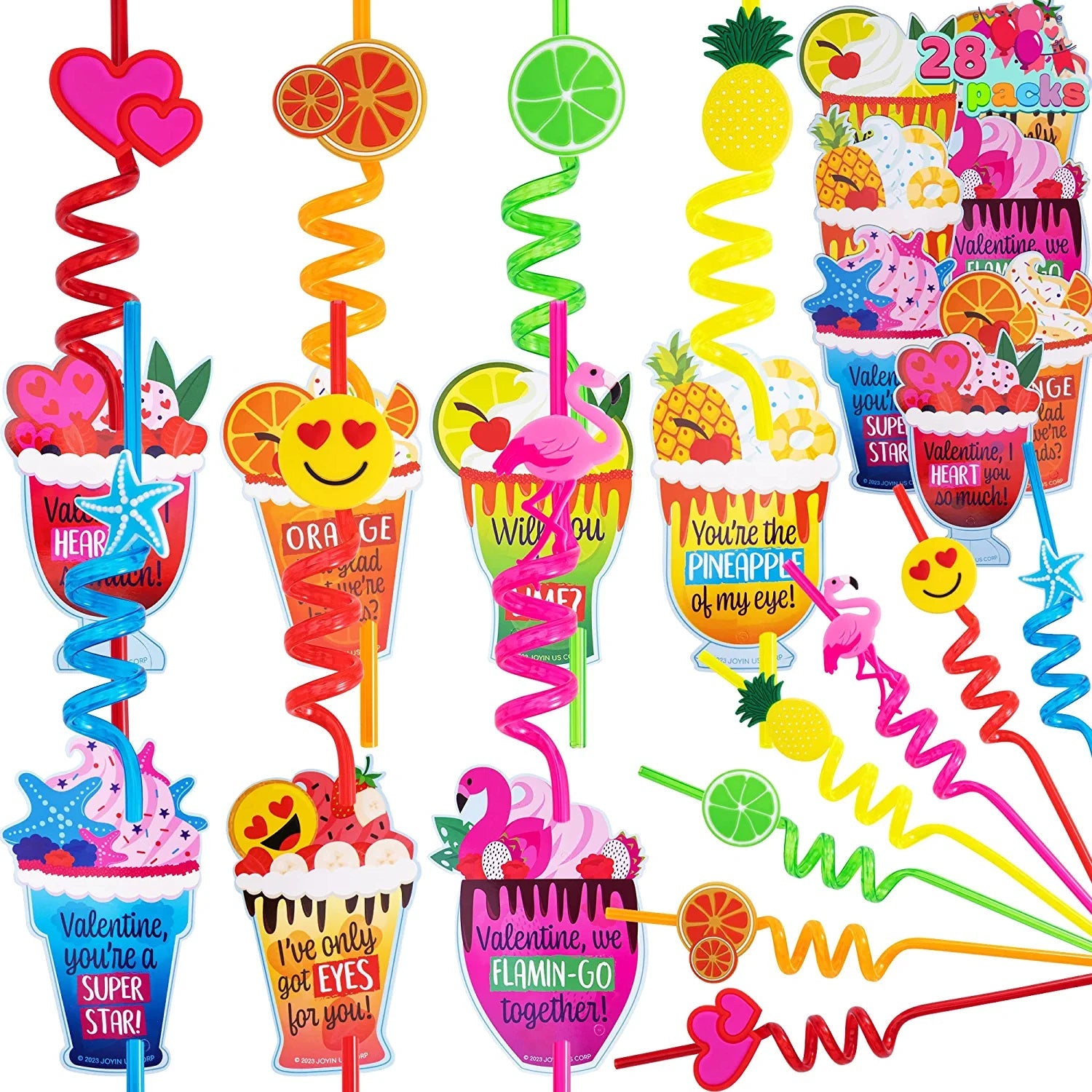 28 Reusable Drinking Straws with Kids' Valentine Cards for Valentine Party Favors