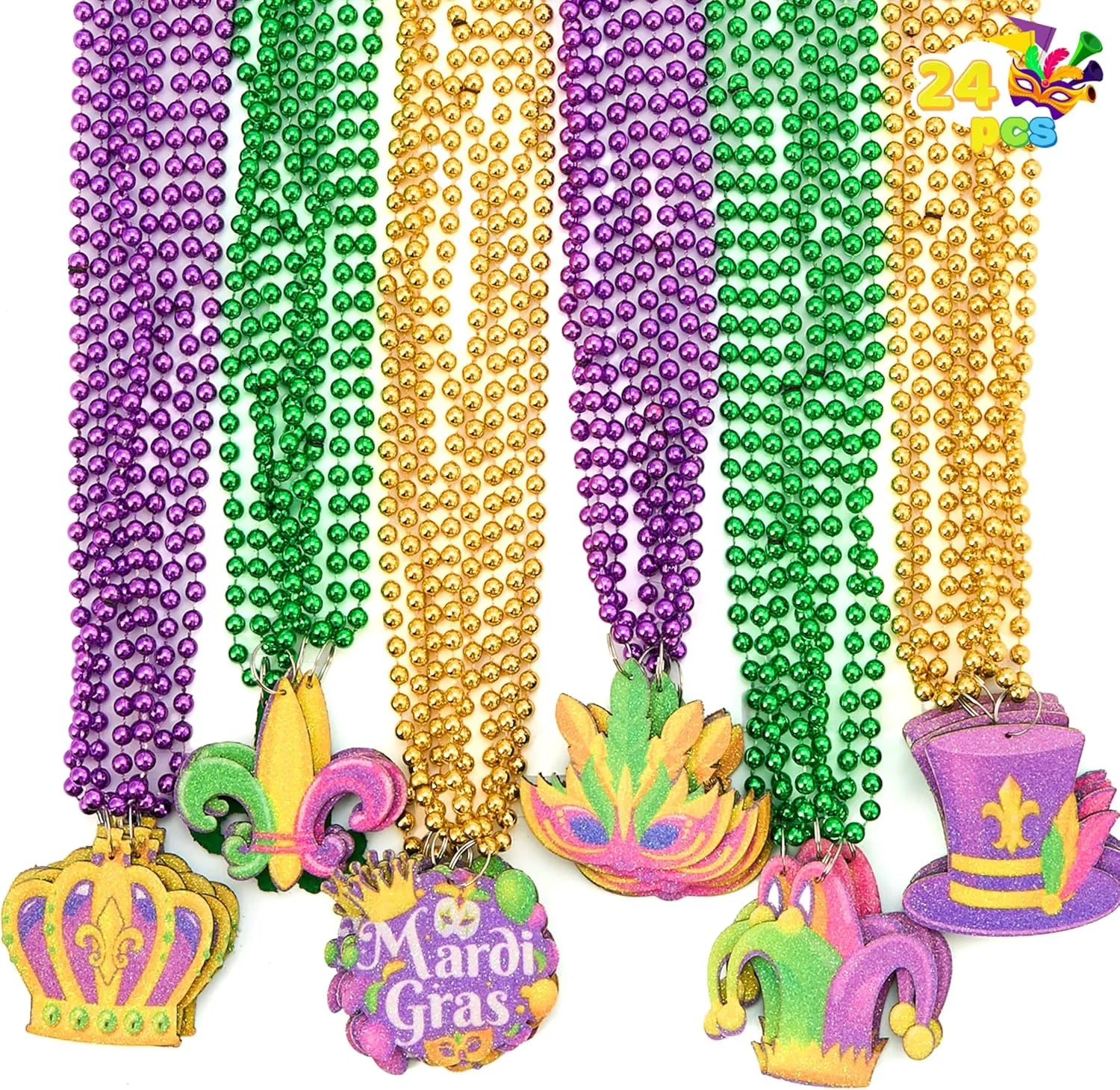 24 Mardi Gras Bead Necklaces with Pendants