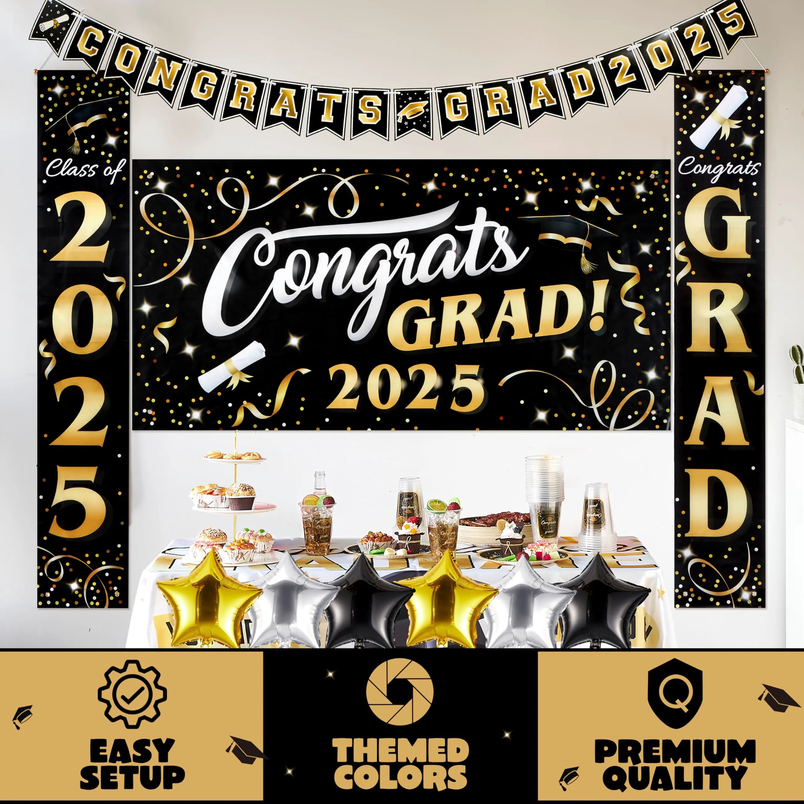 JOYIN Graduation Party Decorations Class of 2025, Black & Gold Grad Celebration Supplies Set with Backdrop Banner, Porch Sign, Balloons, Foil Number 2025, Hanging Strip for High School College Grad