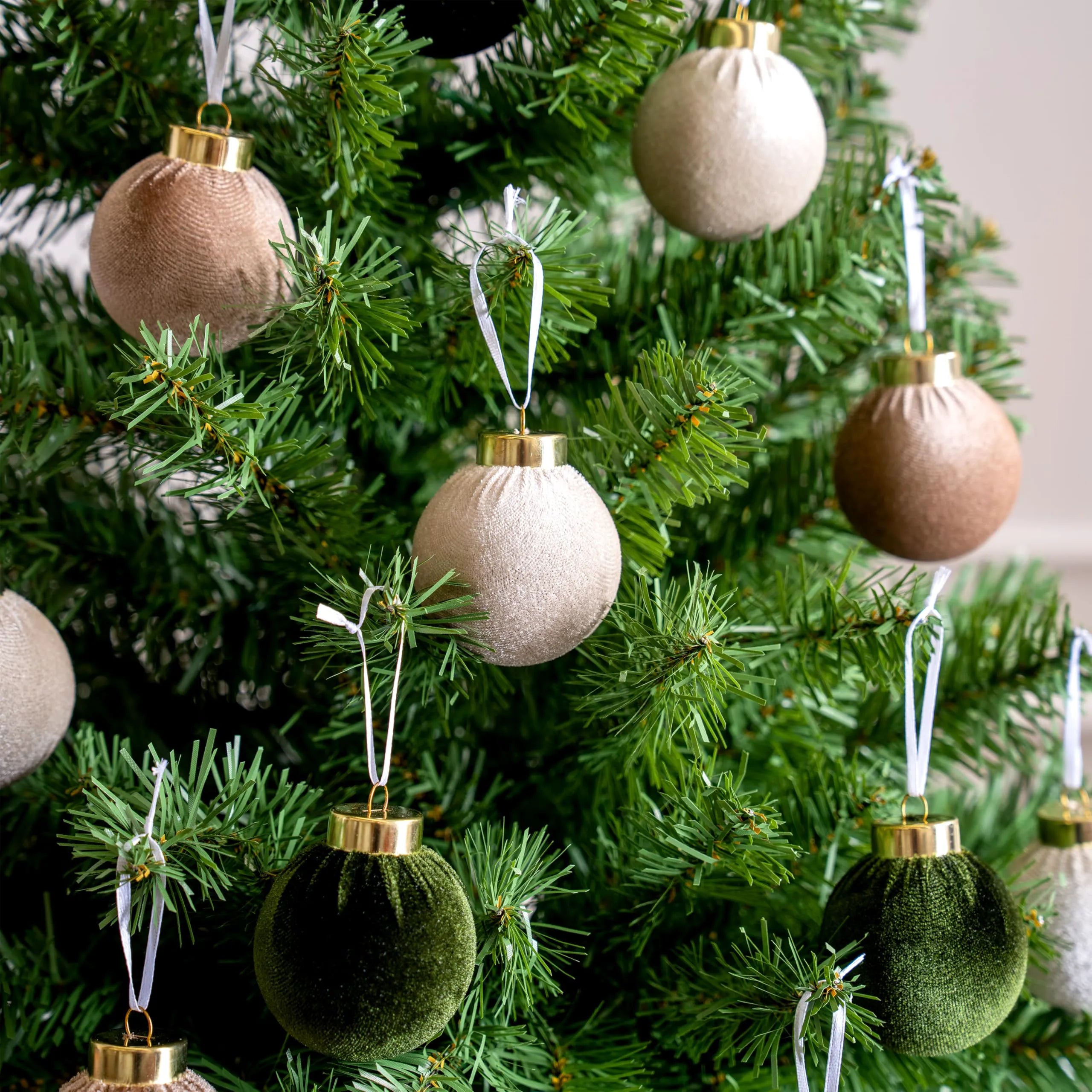 15 Pcs Christmas Velvet Ball Ornaments Set, 2.36" Green Brown Neutral