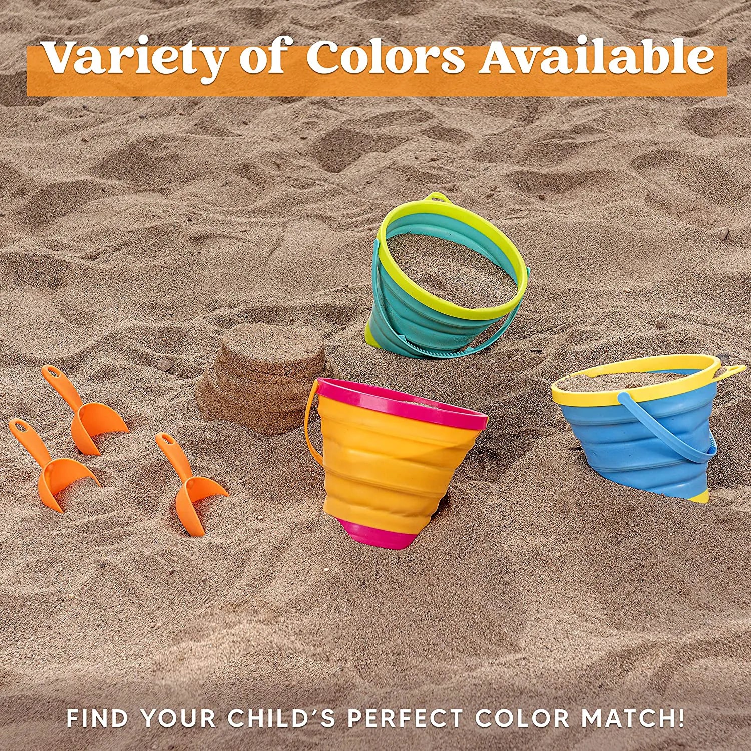 3 Pack Foldable Pail Buckets with Shovels (Bonus Mesh Bag)