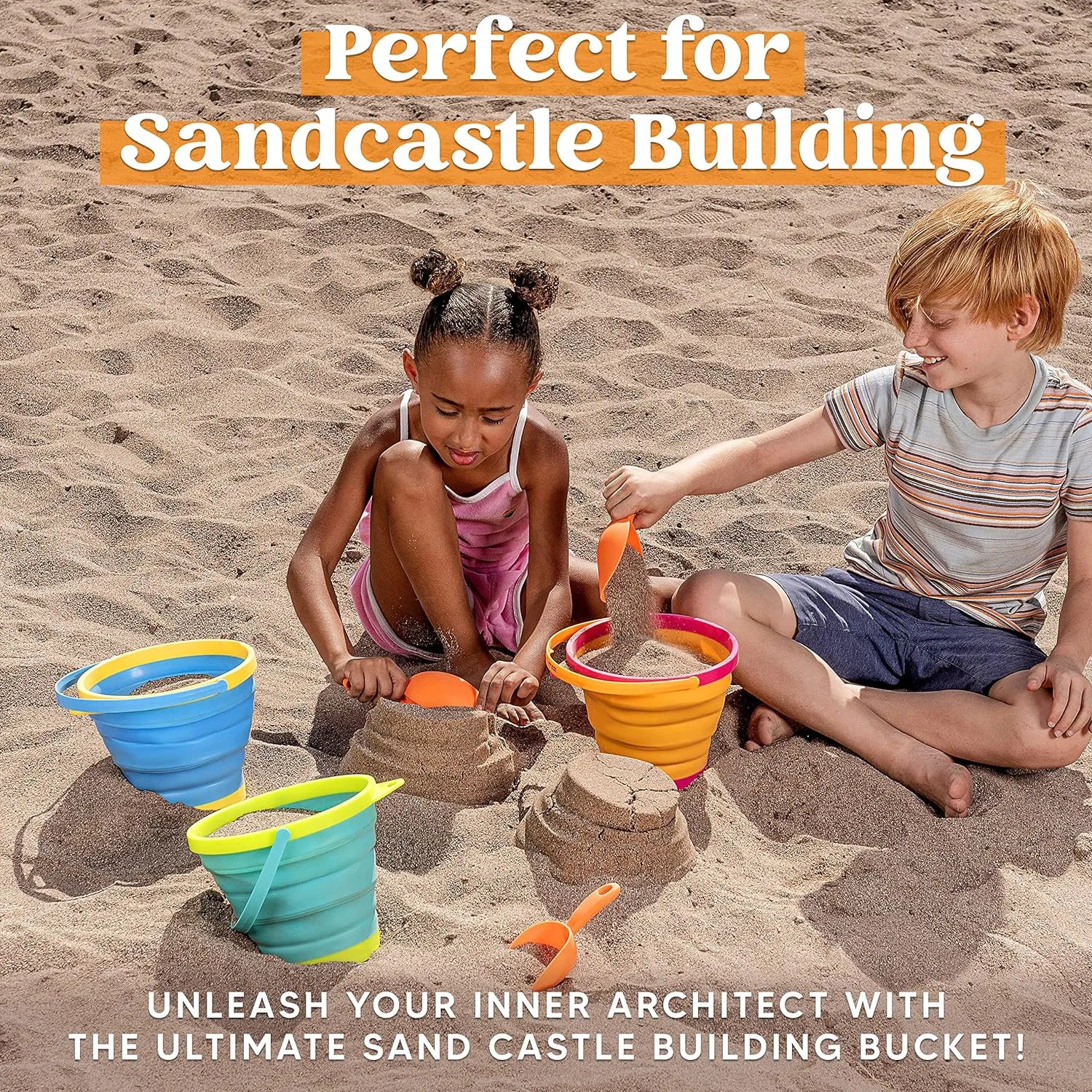 3Pcs Collapsible Beach Toy Buckets with Shovels