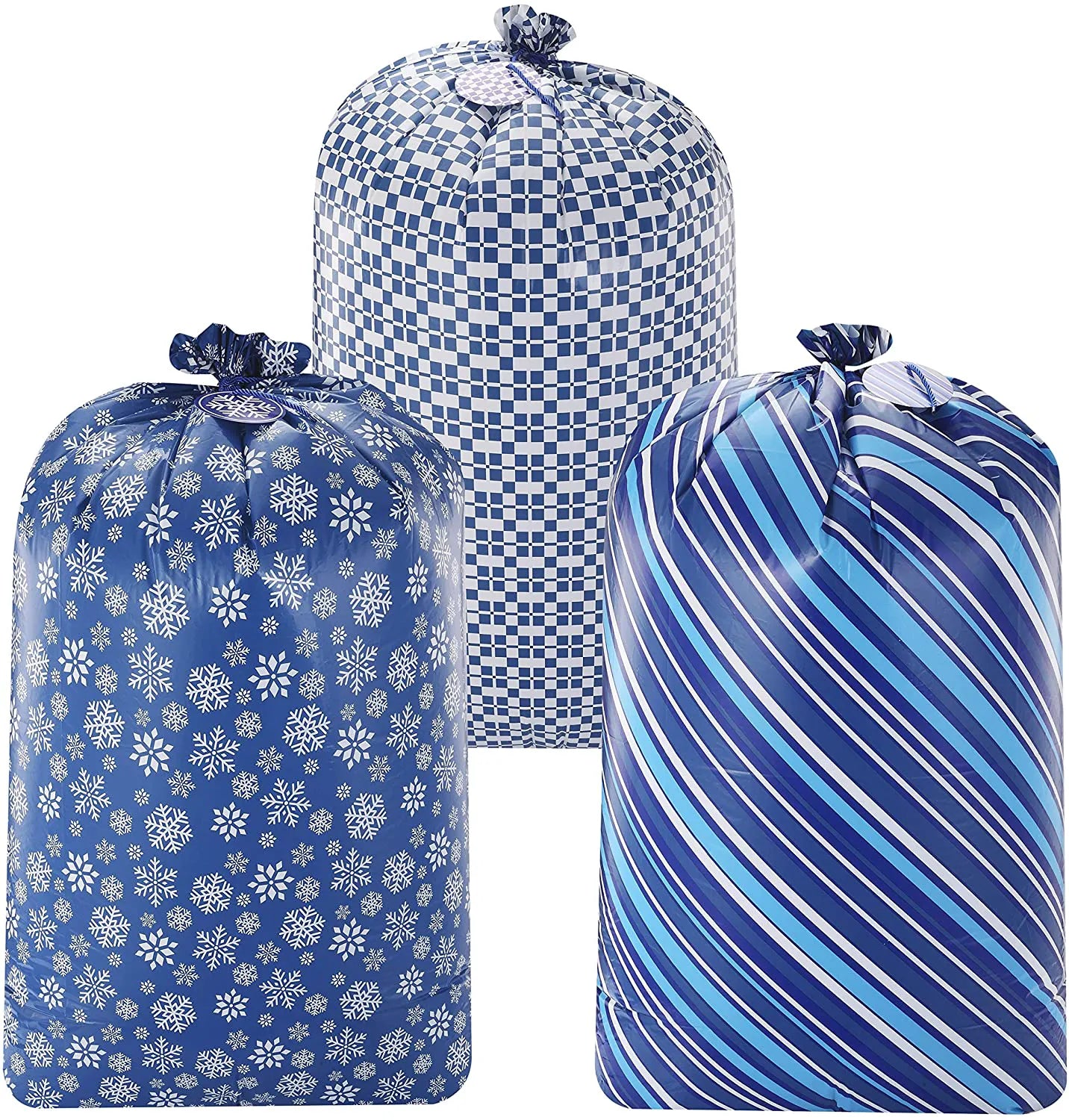 Large Holiday Plastic Gift Bags, Blue, 3 Pack