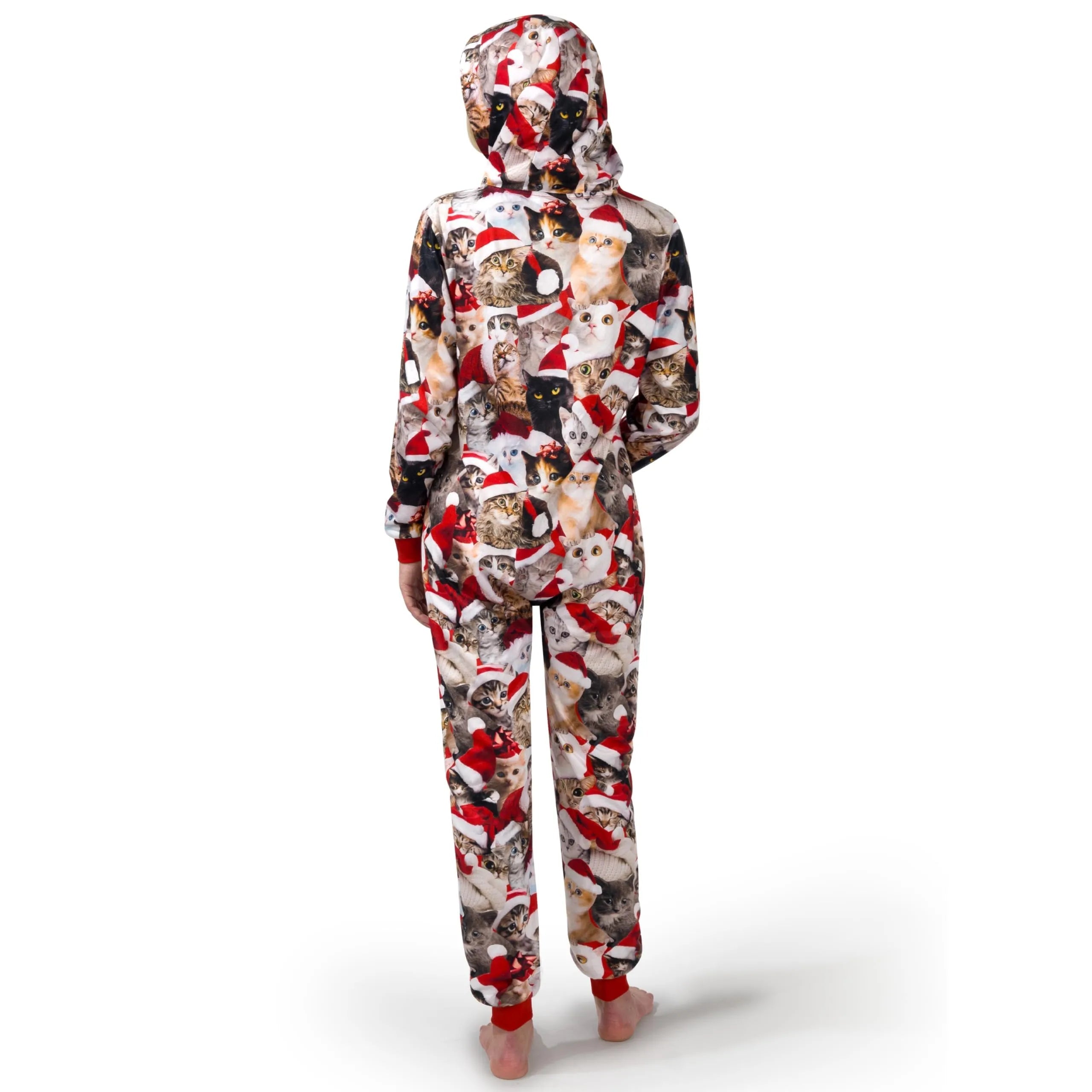 Adult Cute Cat Print Christmas Hoodie Pajamas with Pockets