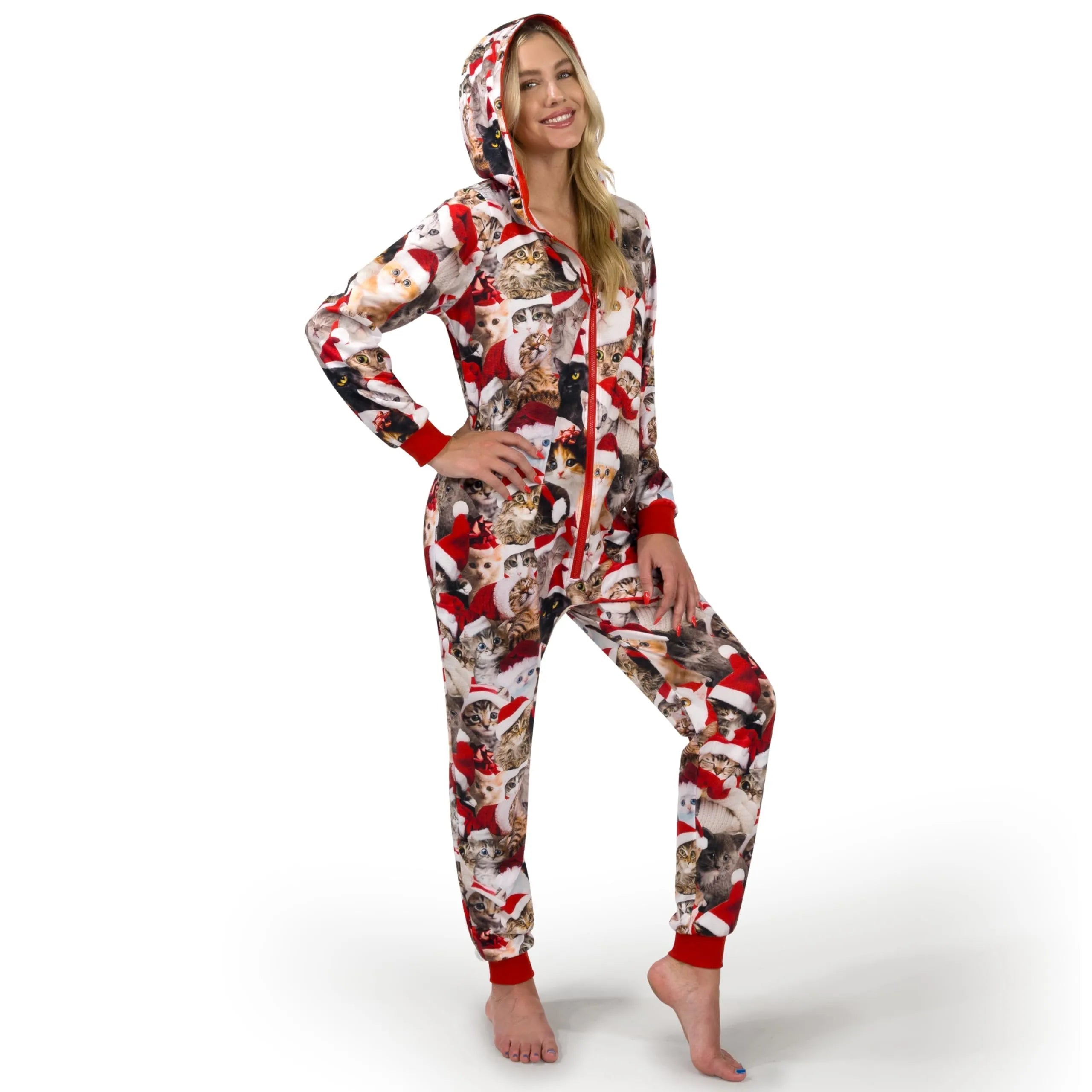 Adult Cute Cat Print Christmas Hoodie Pajamas with Pockets