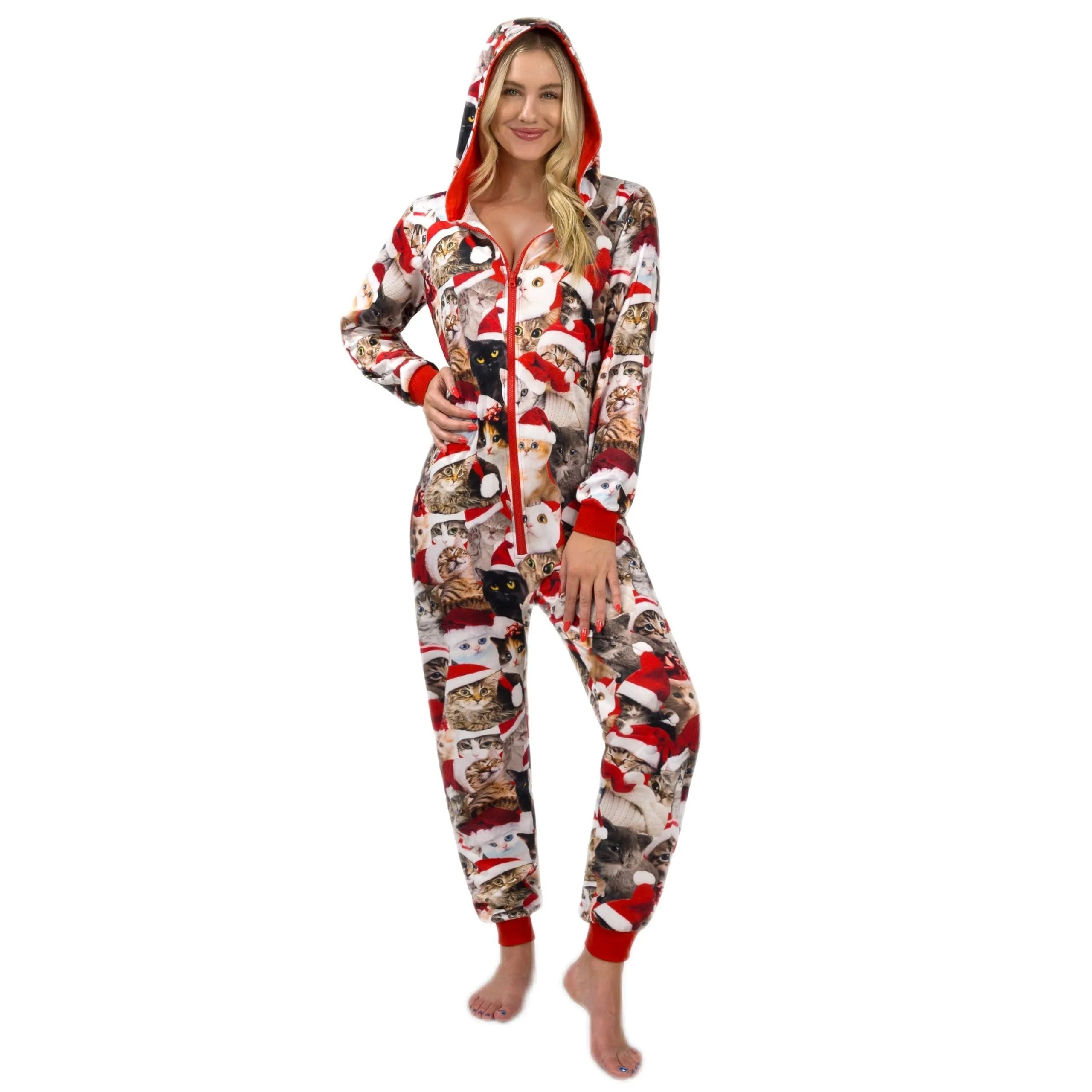 Adult Cute Cat Print Christmas Hoodie Pajamas with Pockets