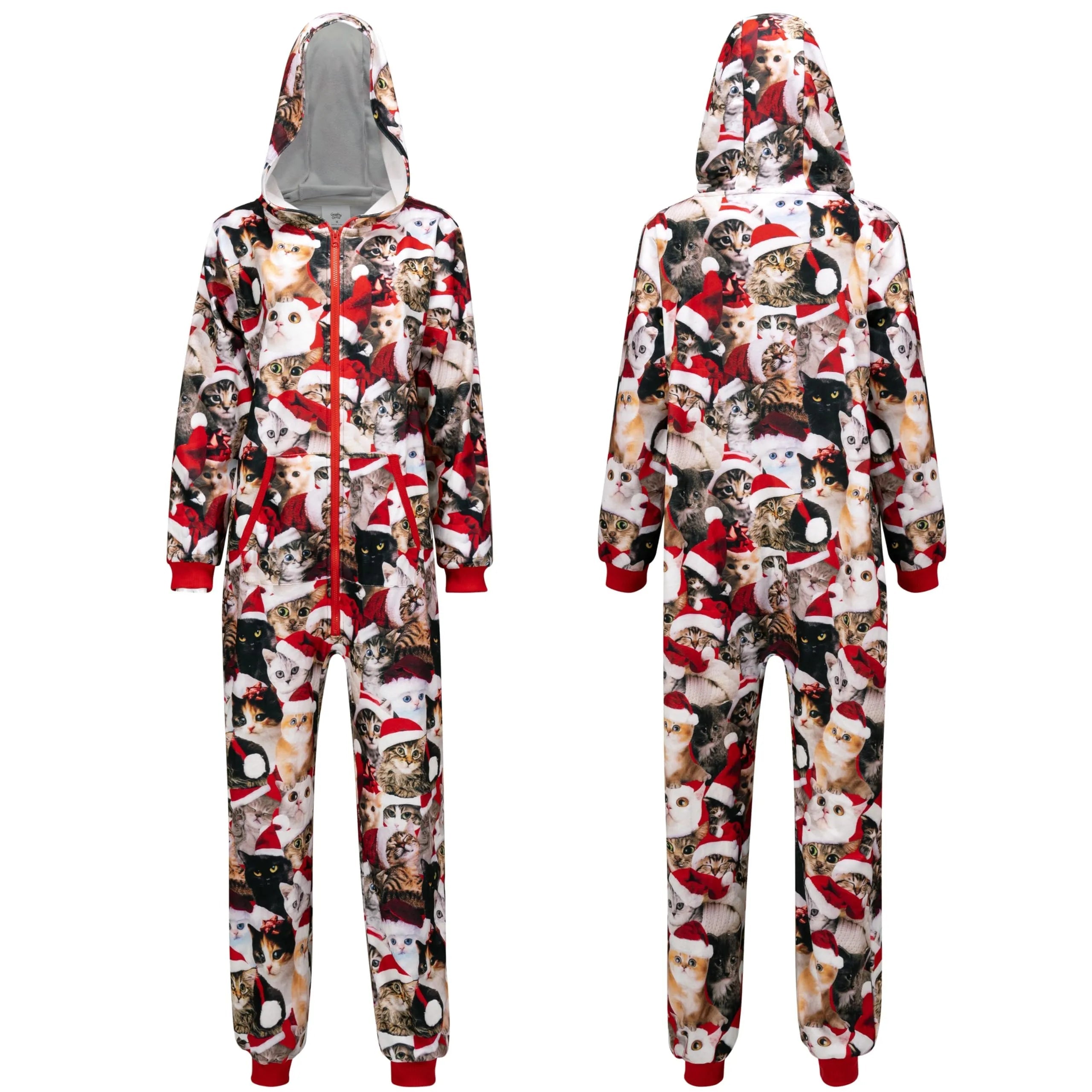 Adult Cute Cat Print Christmas Hoodie Pajamas with Pockets