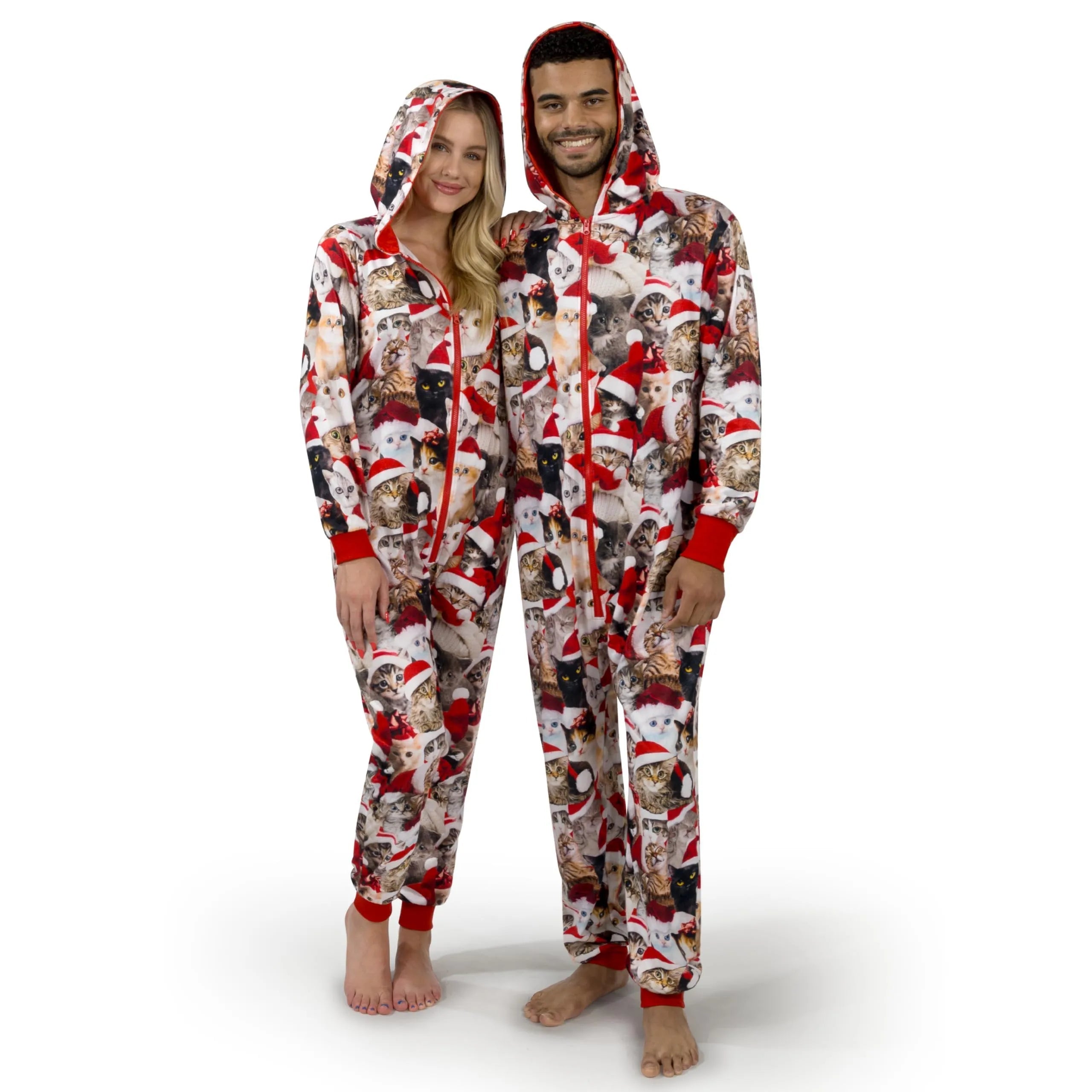 Adult Cute Cat Print Christmas Hoodie Pajamas with Pockets