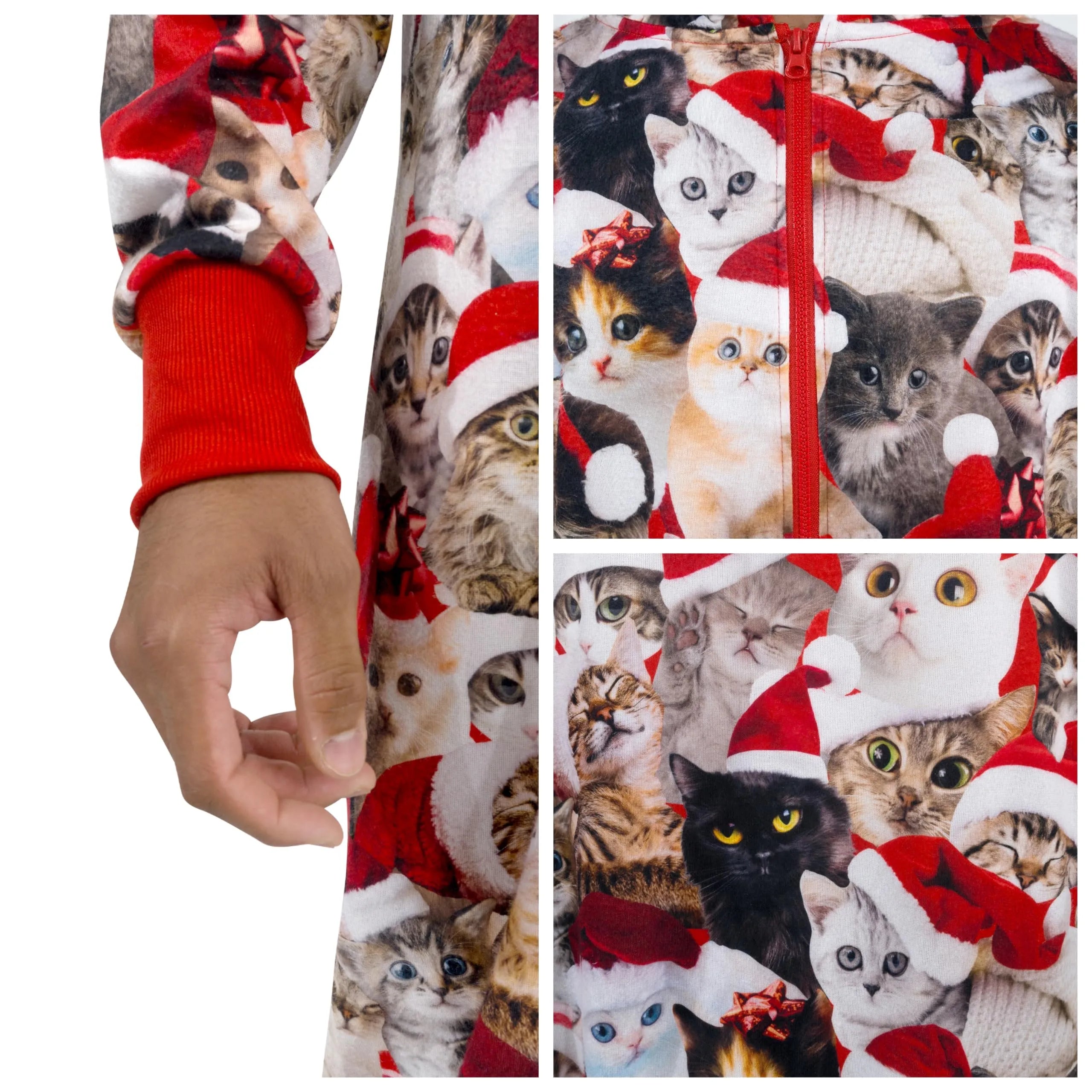 Adult Cute Cat Print Christmas Hoodie Pajamas with Pockets