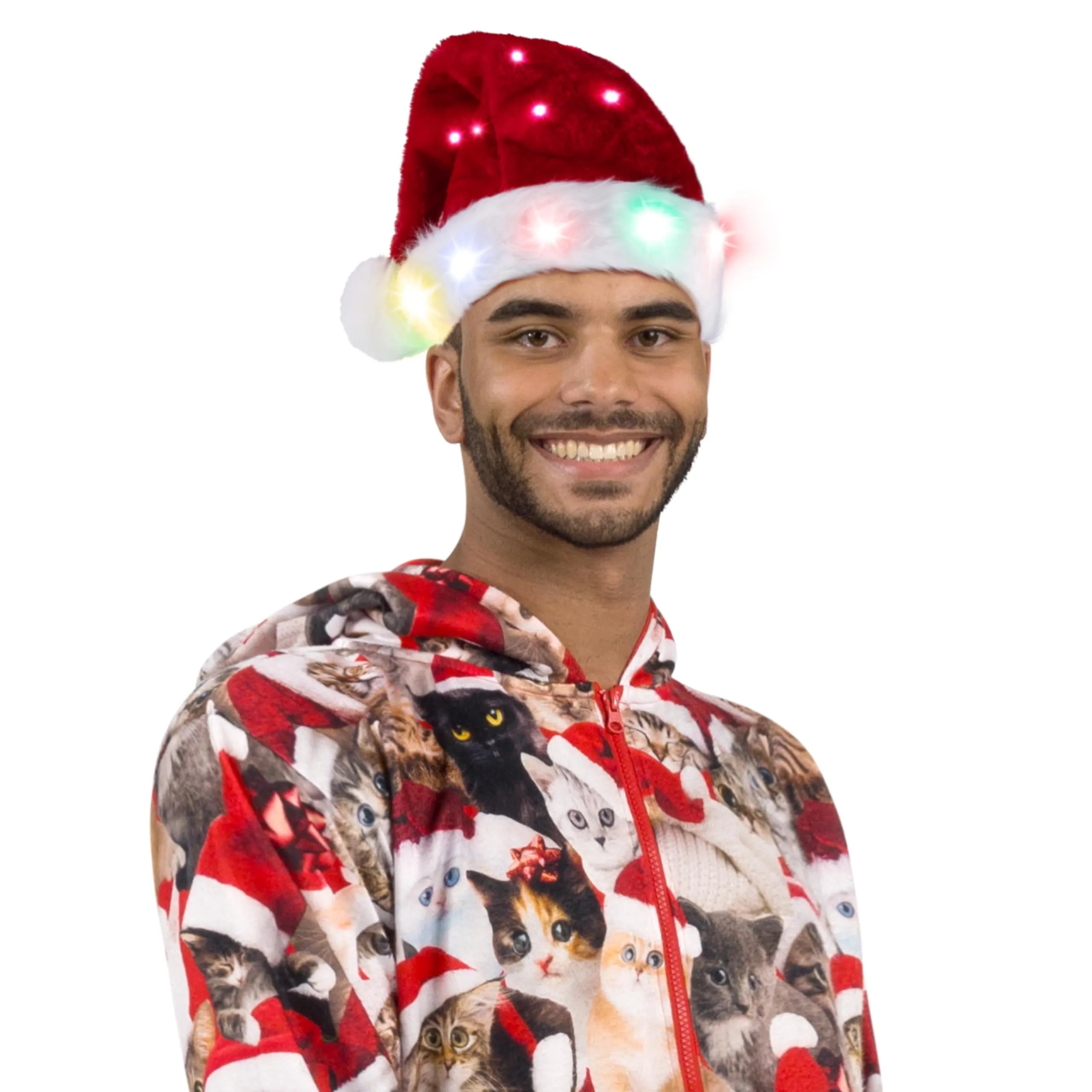 Adults Light-up Christmas Santa Elf Hats with Pom Poms and Colorful Lights