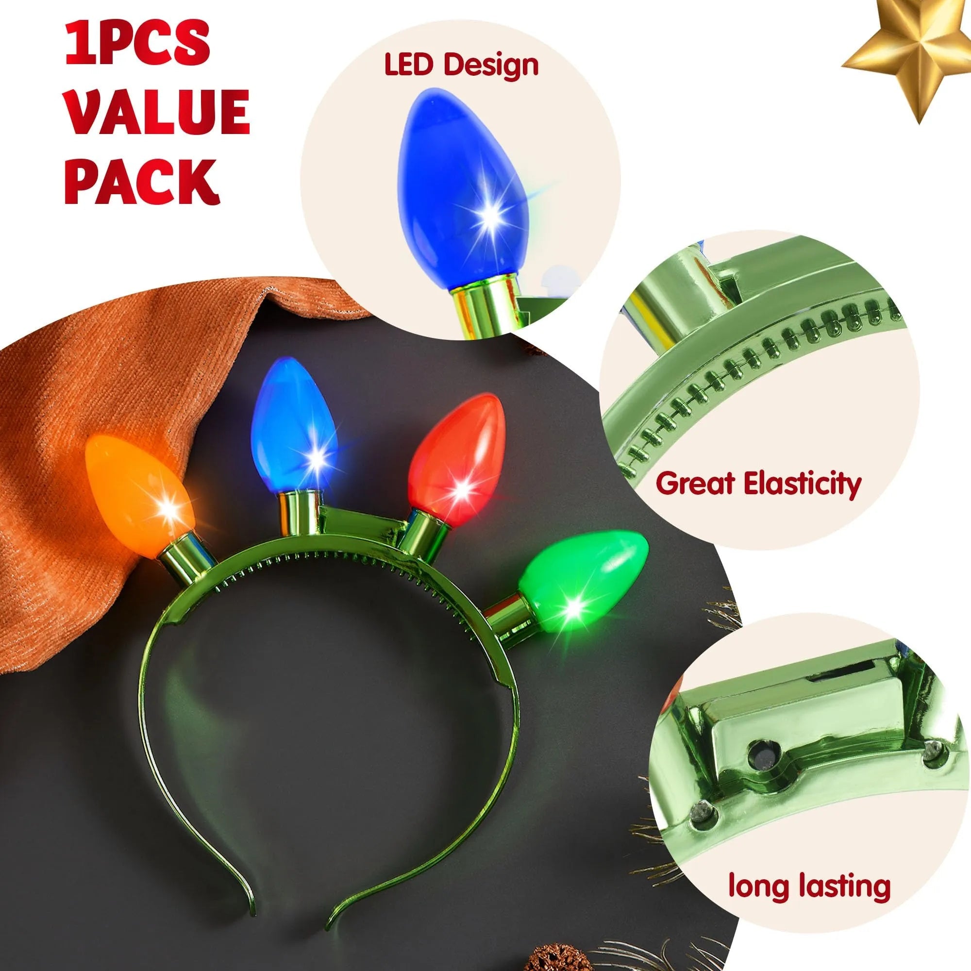 Christmas LED Light Up Bulb Headband - 1 Pack with 4 Colorful Bulbs & 6 Flashing Modes