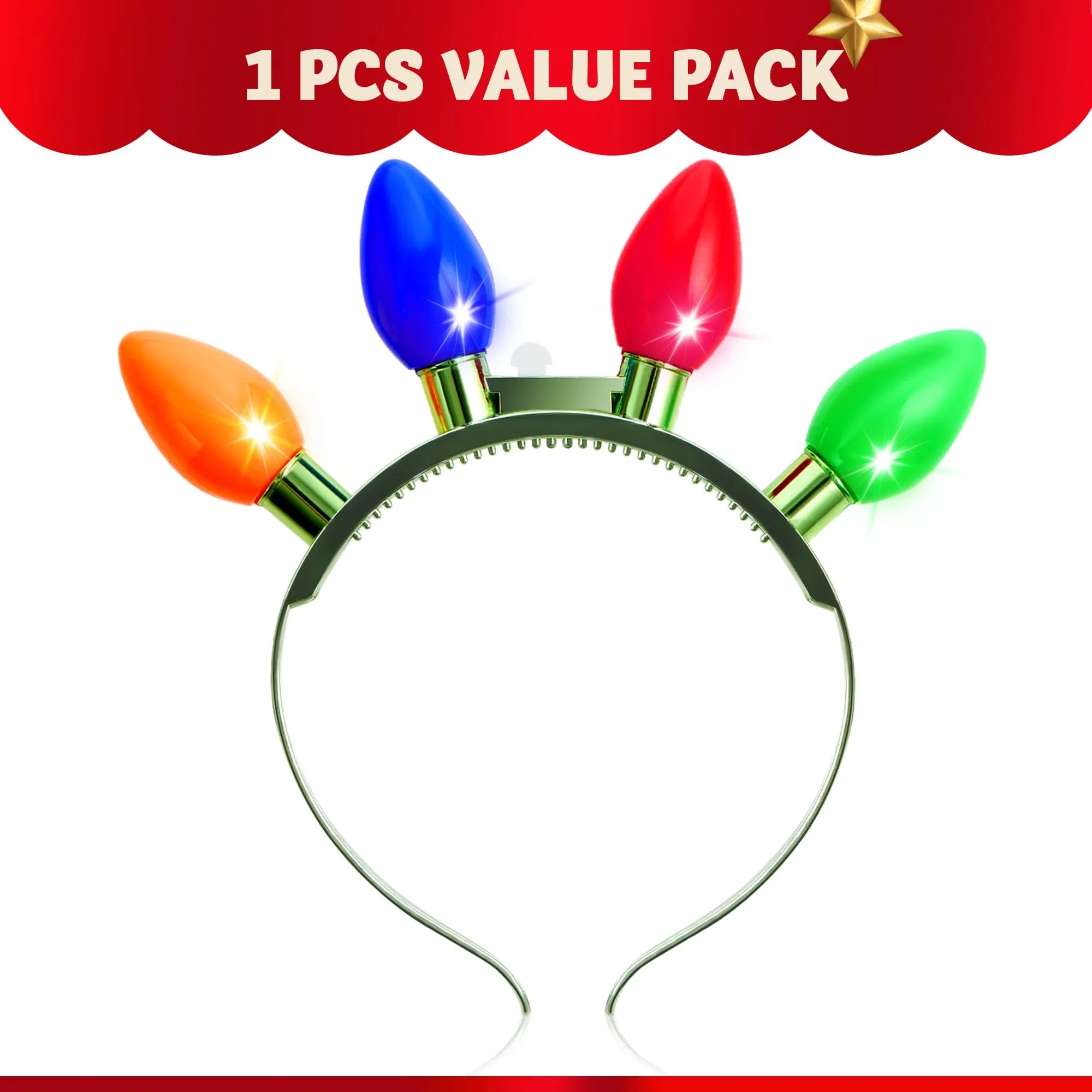 Christmas LED Light Up Bulb Headband - 1 Pack with 4 Colorful Bulbs & 6 Flashing Modes