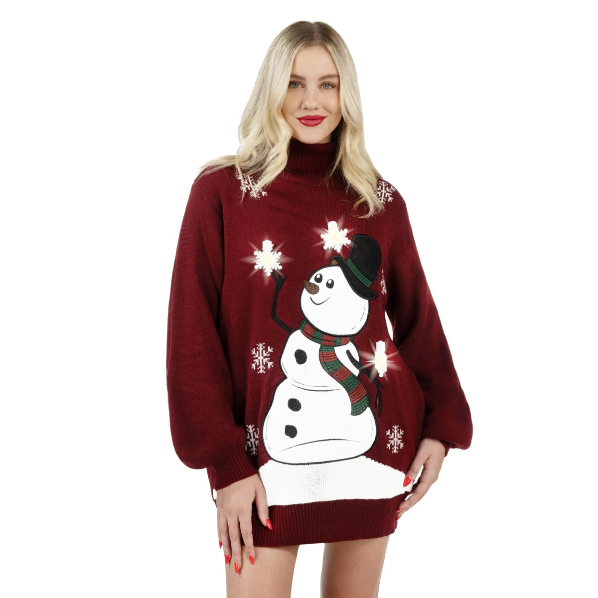 Women's 3D Snowman Christmas Ugly Sweater Dress - Turtleneck Loose Fit