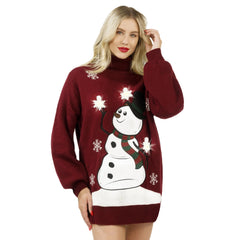 Women's 3D Snowman Christmas Ugly Sweater Dress - Turtleneck Loose Fit