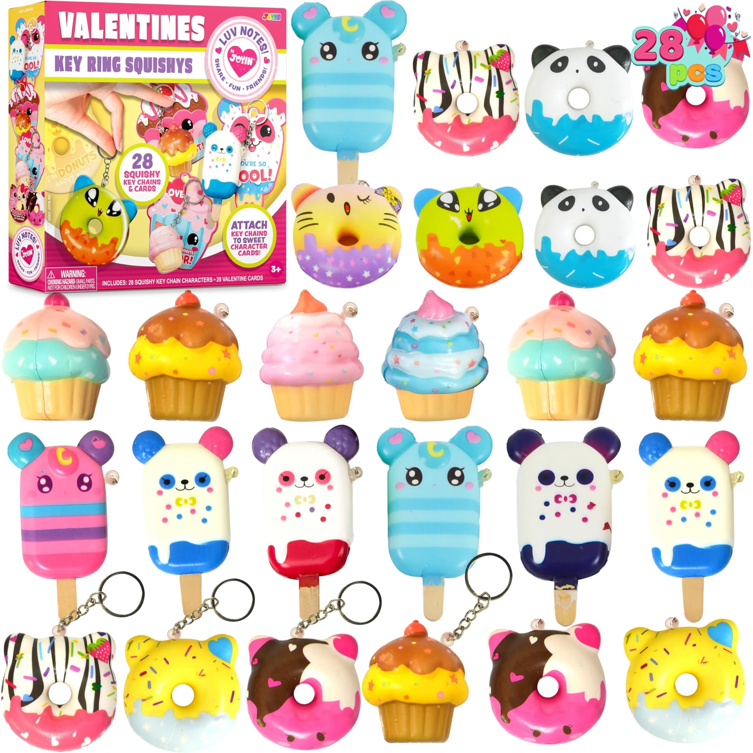 28-Piece Dessert Squishy Toy Keychains with Valentine's Day Cards for Kids