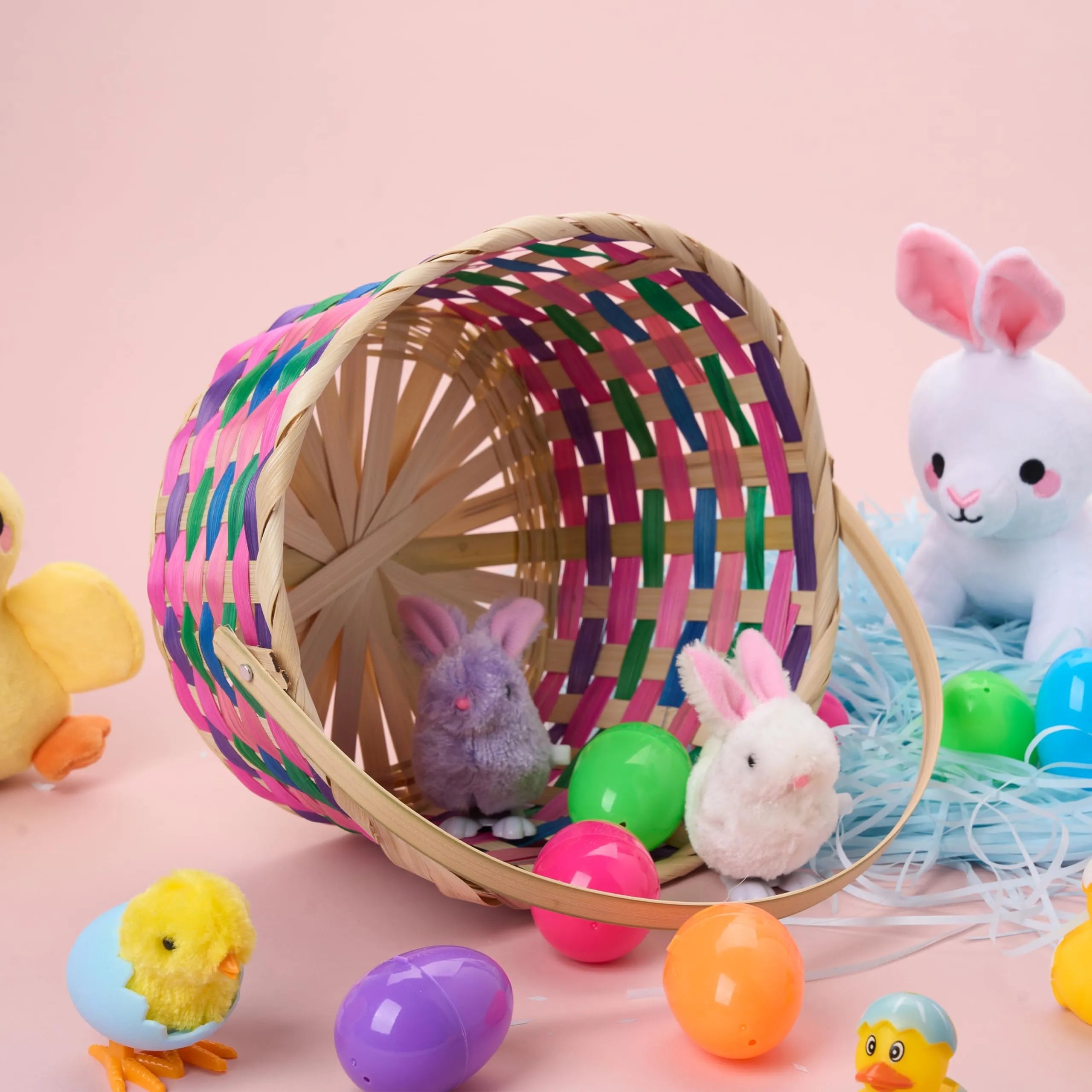 Easter Colorful Round Bamboo Woven Goodie Basket with Folding Handle