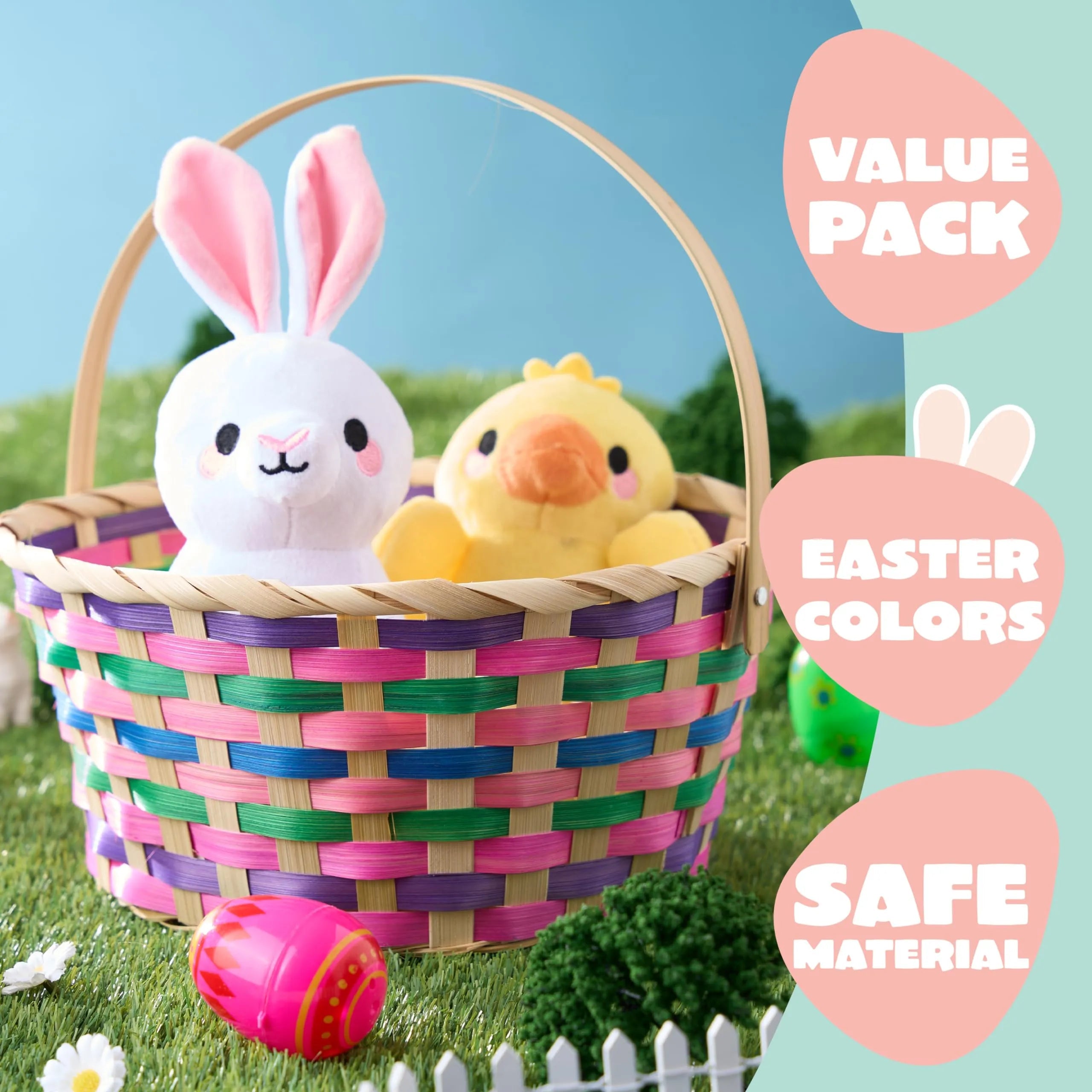 Easter Colorful Round Bamboo Woven Goodie Basket with Folding Handle