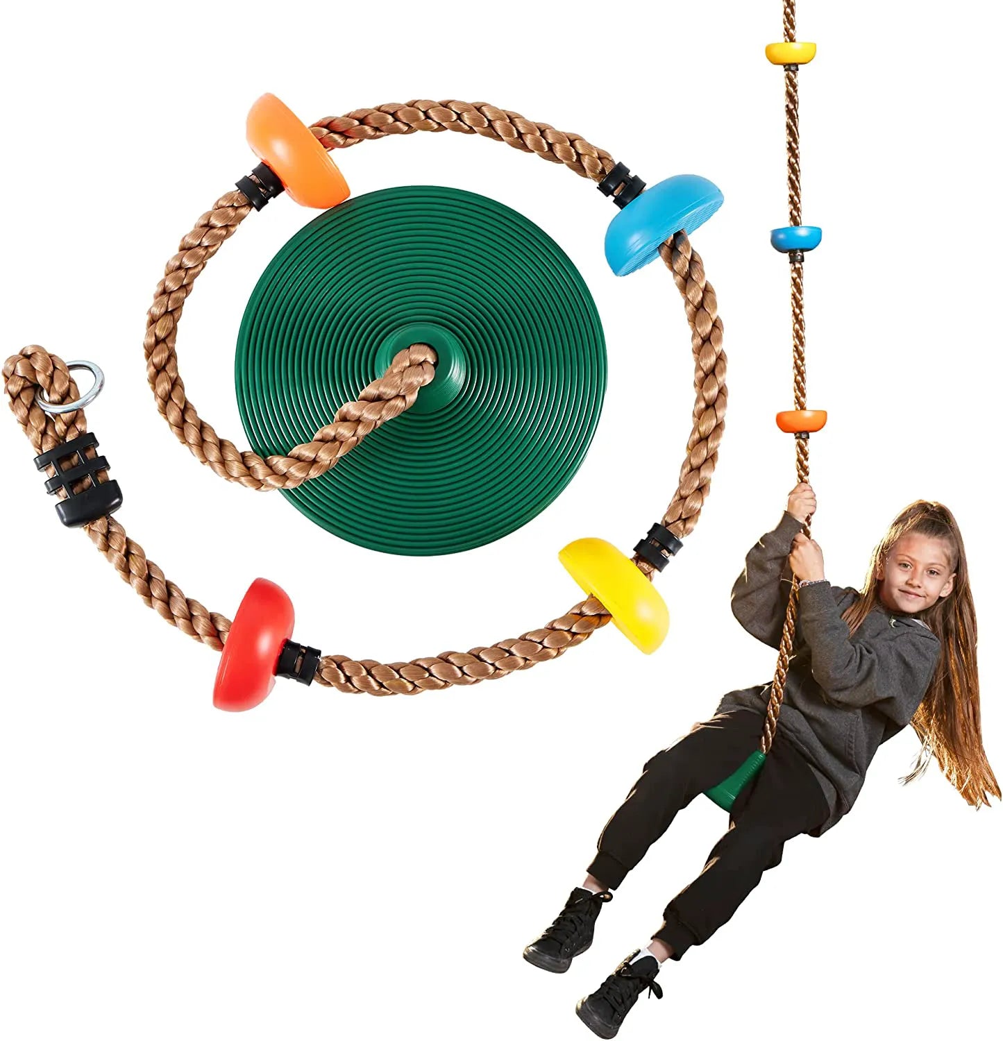 Green Climbing Rope Tree Swing with Platforms and Disc Seats