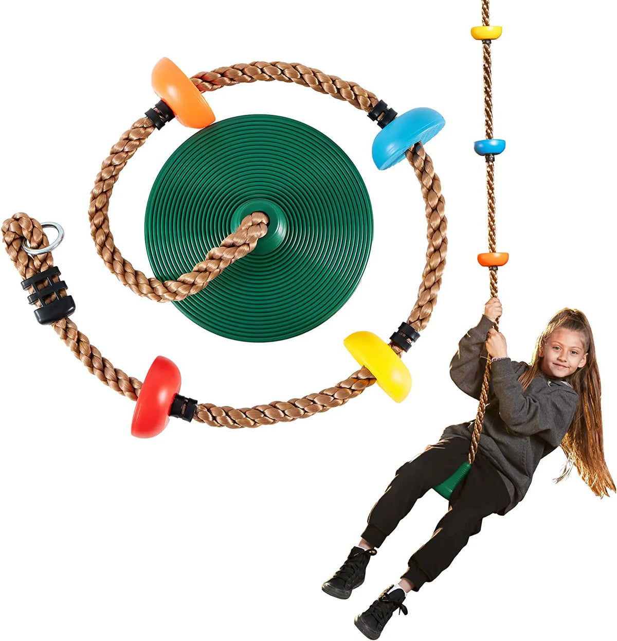 Green Climbing Rope Tree Swing with Platforms and Disc Seats