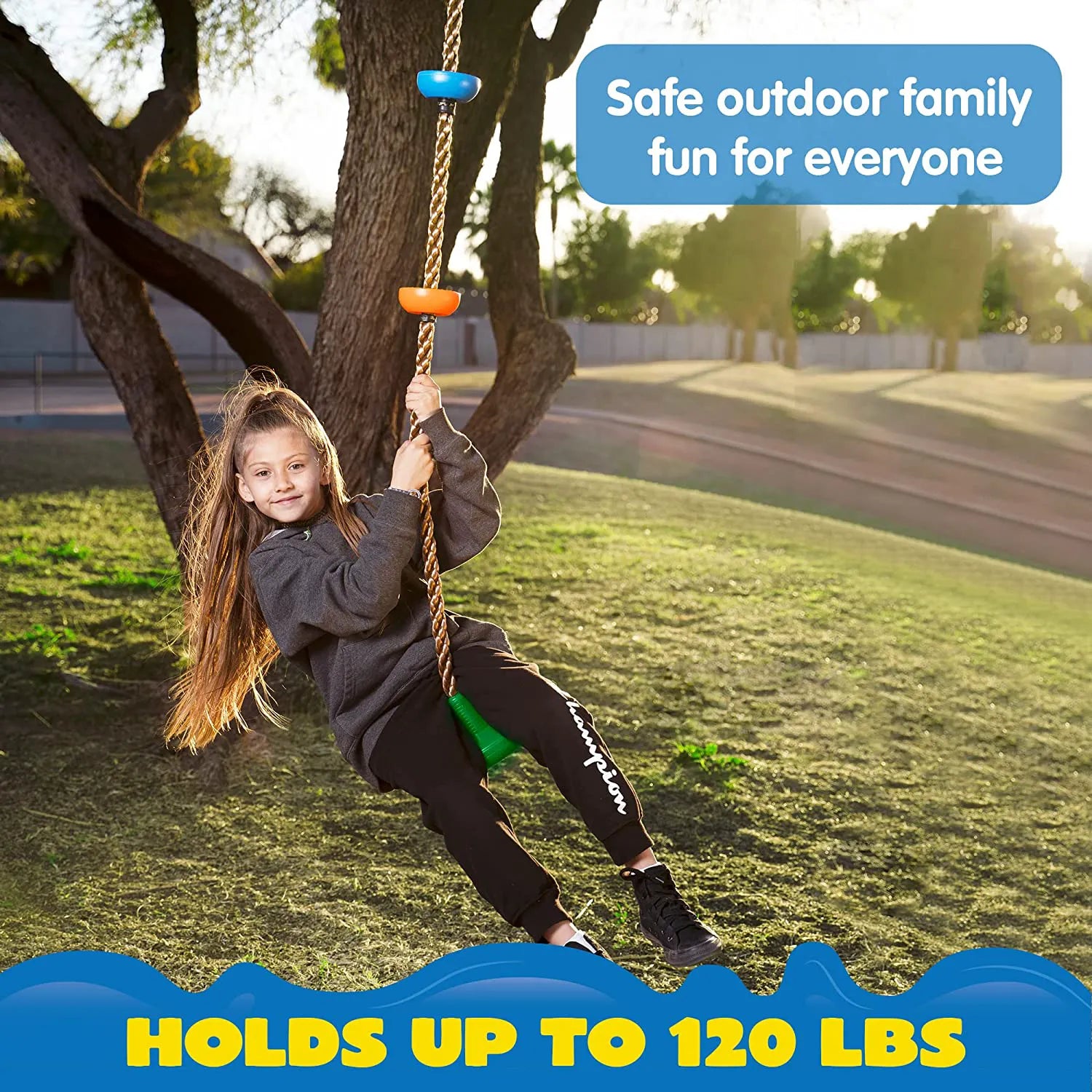 Green Climbing Rope Tree Swing with Platforms and Disc Seats