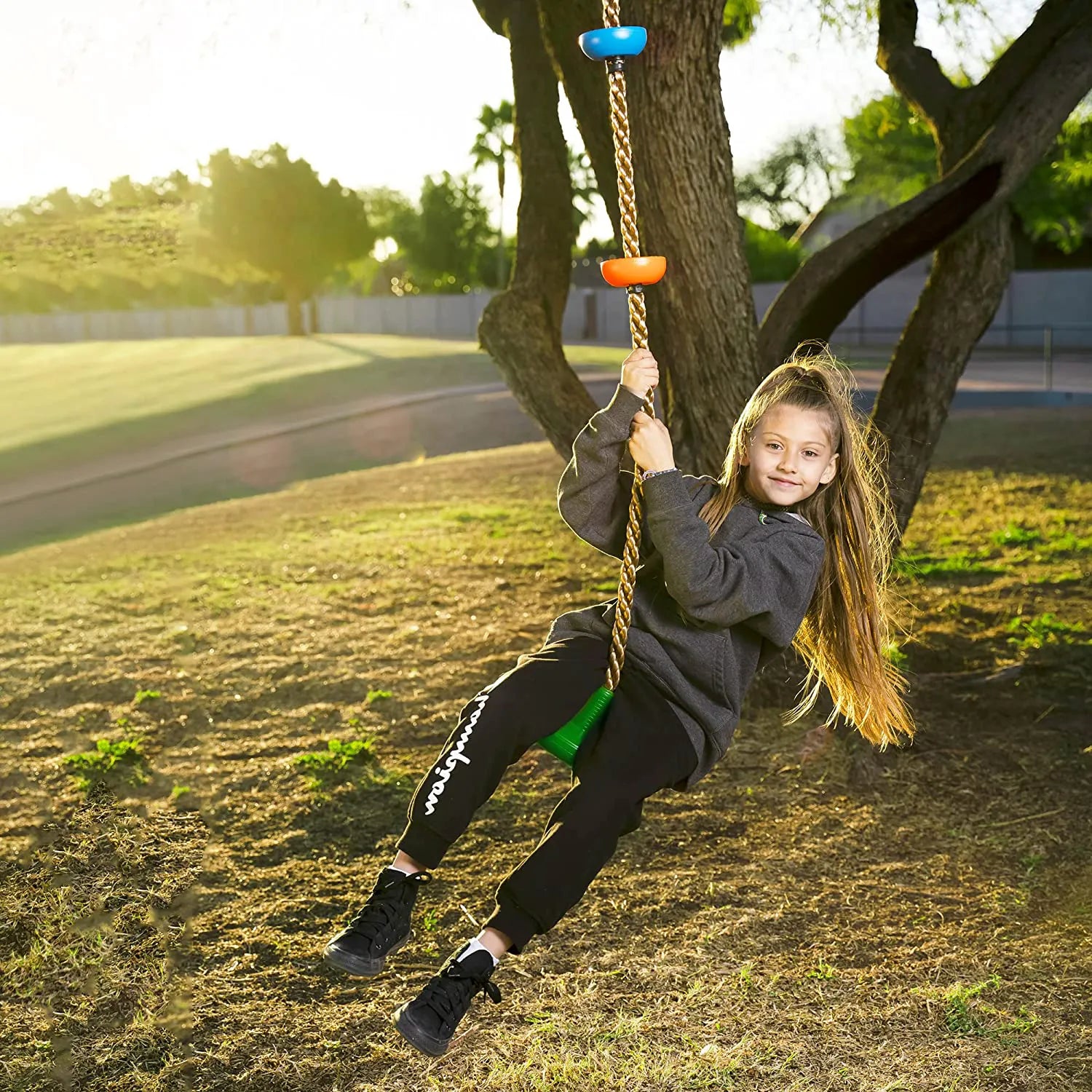 Green Climbing Rope Tree Swing with Platforms and Disc Seats