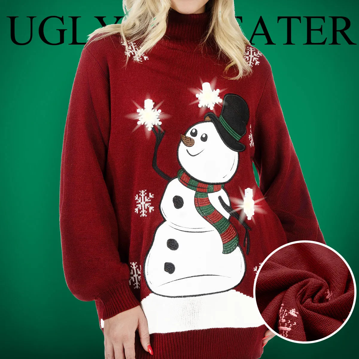 Women's 3D Snowman Christmas Ugly Sweater Dress - Turtleneck Loose Fit