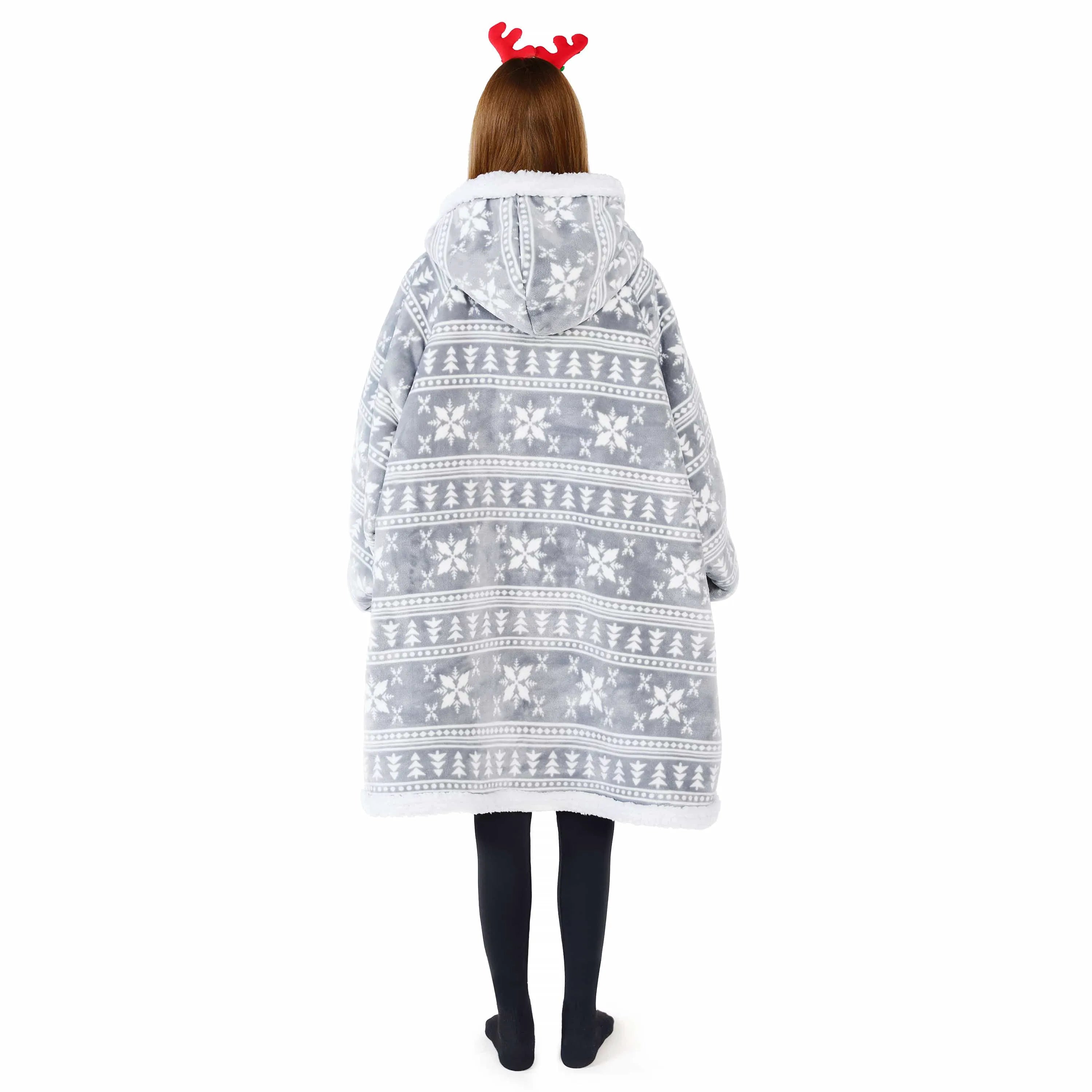 Cozy Adult Wearable Blanket Hoodie - Fleece Sherpa with Snowflake Pattern