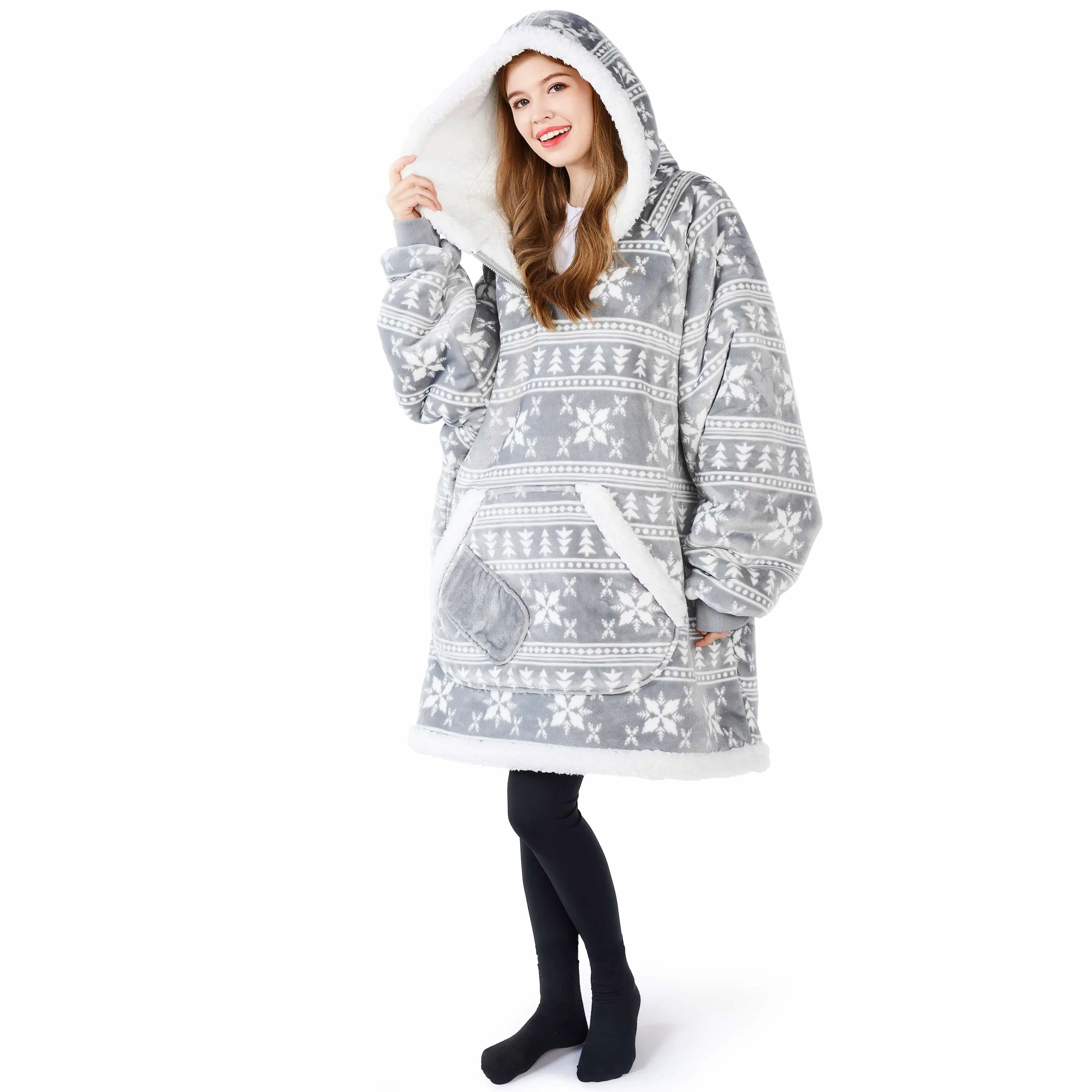 Cozy Adult Wearable Blanket Hoodie - Fleece Sherpa with Snowflake Pattern