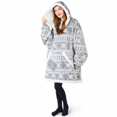 Cozy Adult Wearable Blanket Hoodie - Fleece Sherpa with Snowflake Pattern
