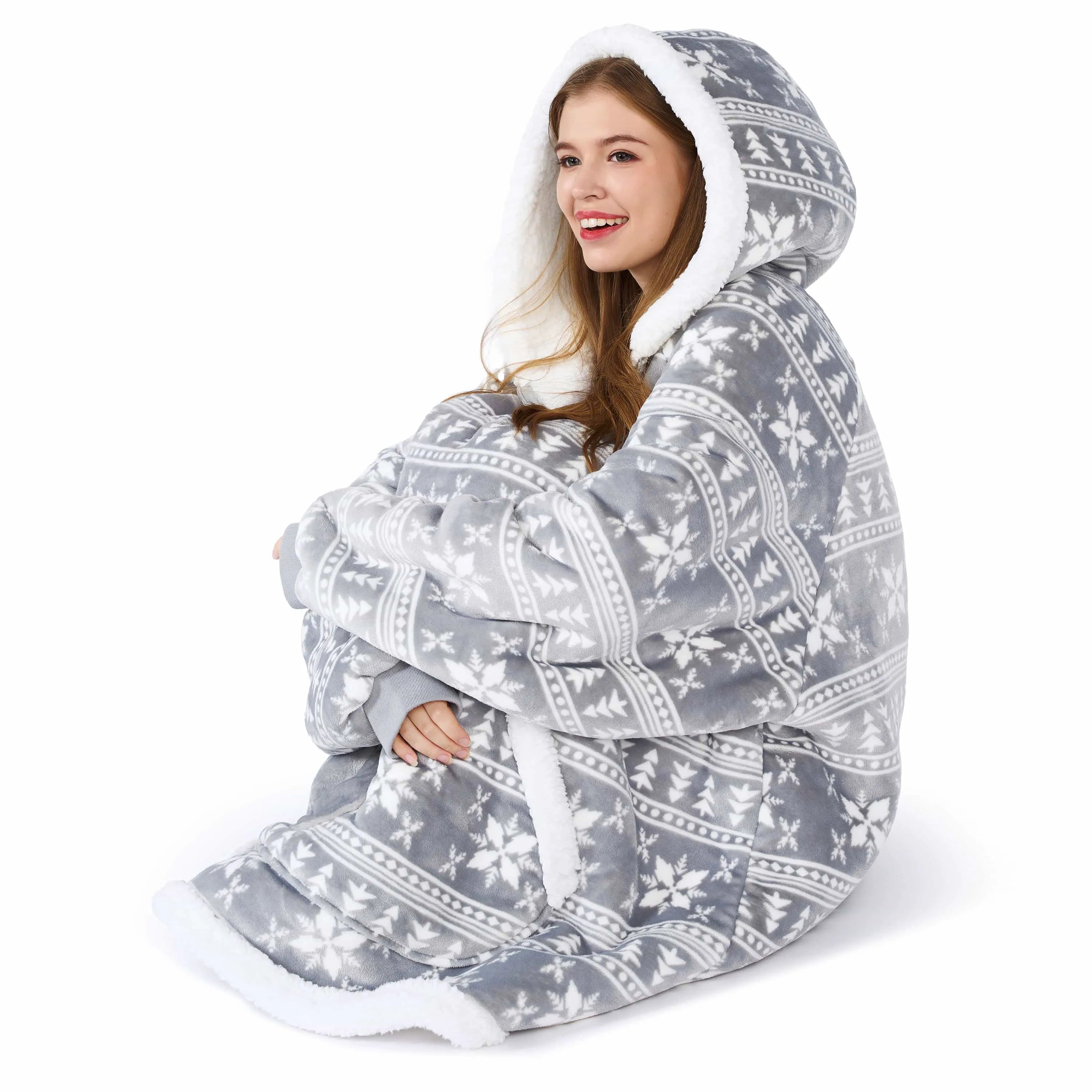 Cozy Adult Wearable Blanket Hoodie - Fleece Sherpa with Snowflake Pattern