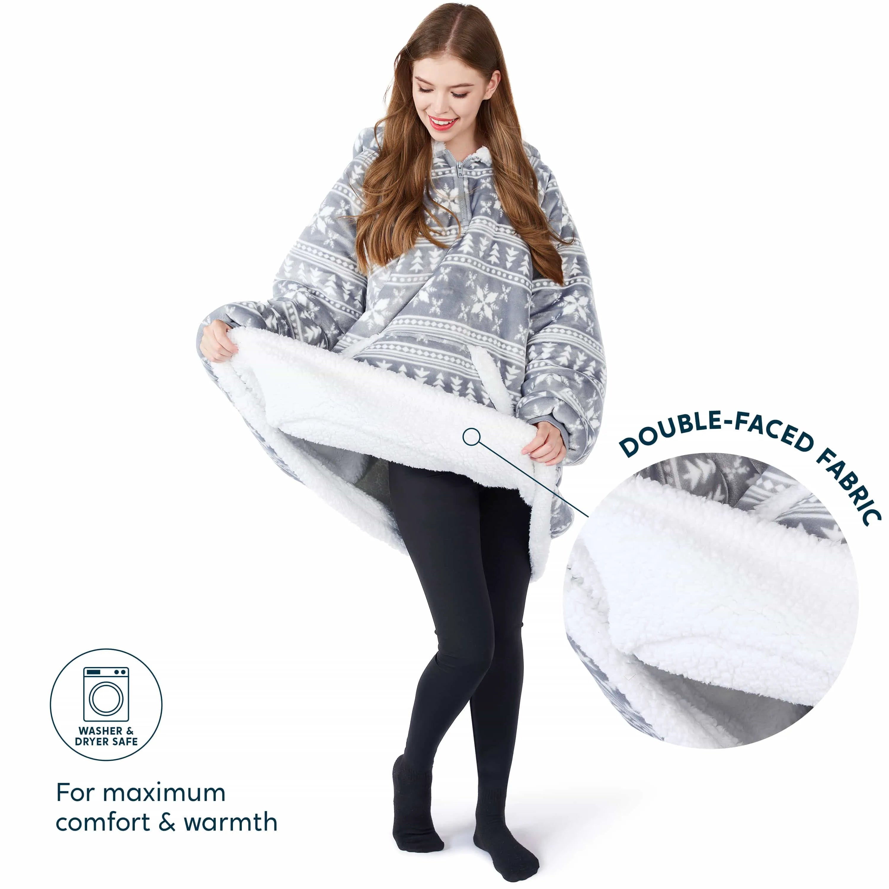 Cozy Adult Wearable Blanket Hoodie - Fleece Sherpa with Snowflake Pattern