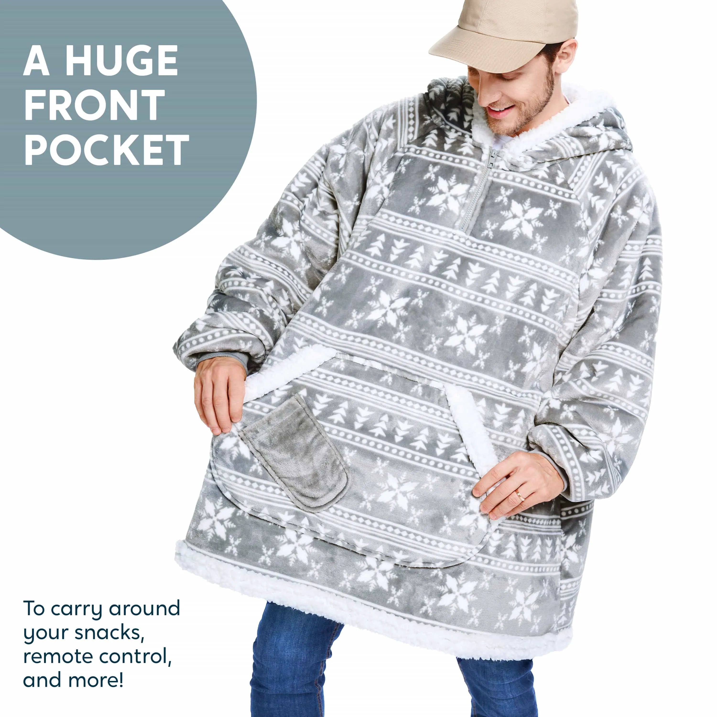 Cozy Adult Wearable Blanket Hoodie - Fleece Sherpa with Snowflake Pattern