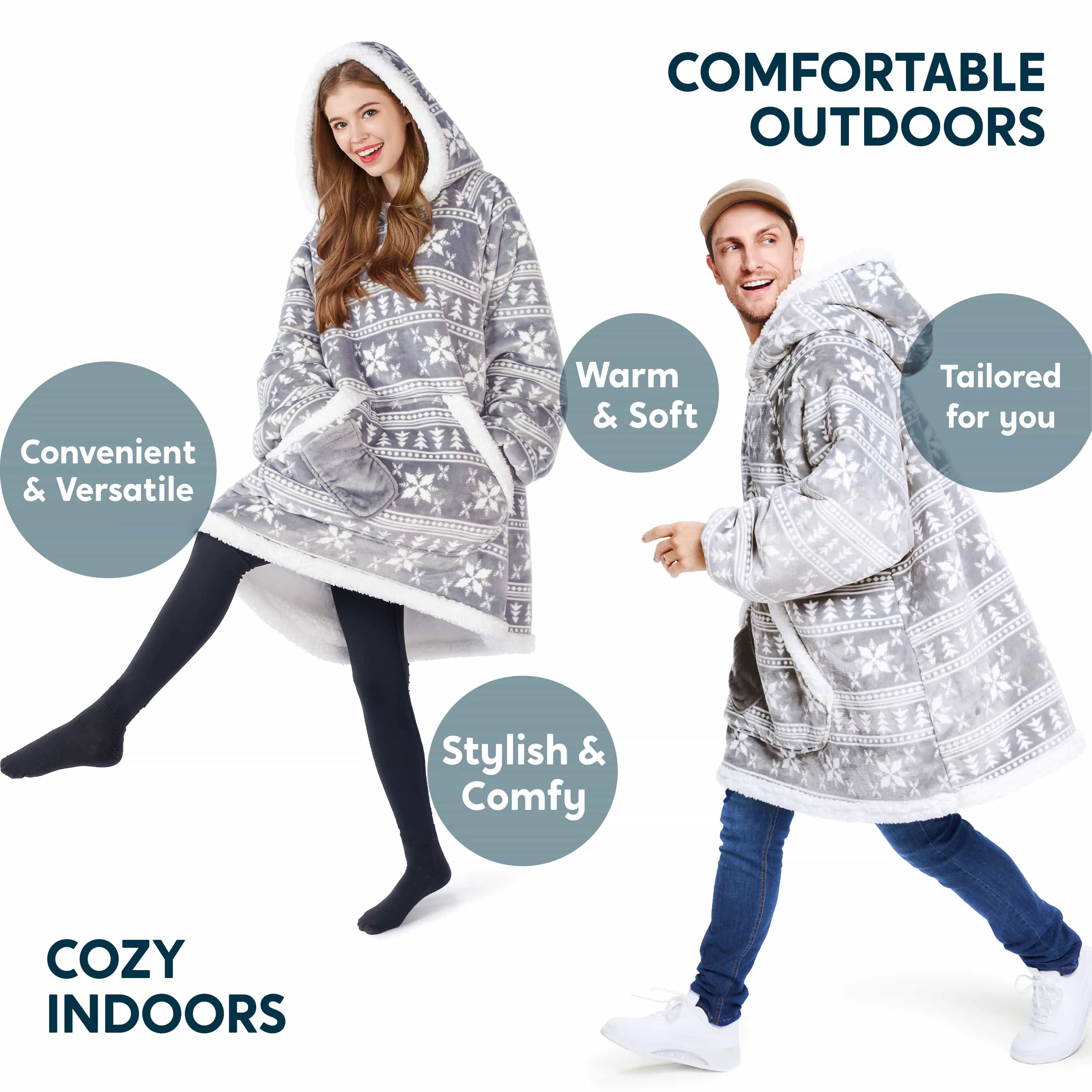 Cozy Adult Wearable Blanket Hoodie - Fleece Sherpa with Snowflake Pattern