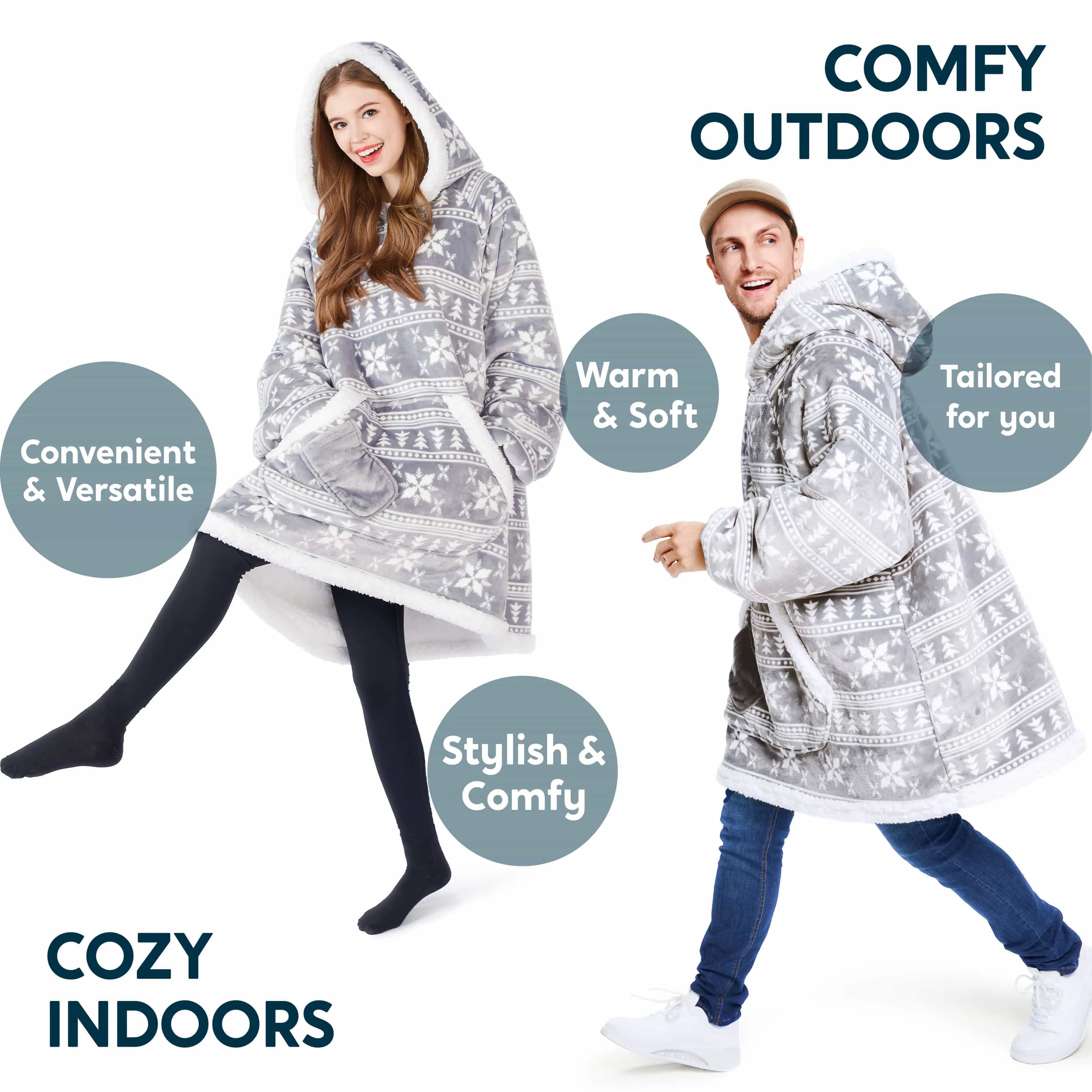 Cozy Adult Wearable Blanket Hoodie - Fleece Sherpa with Snowflake Pattern