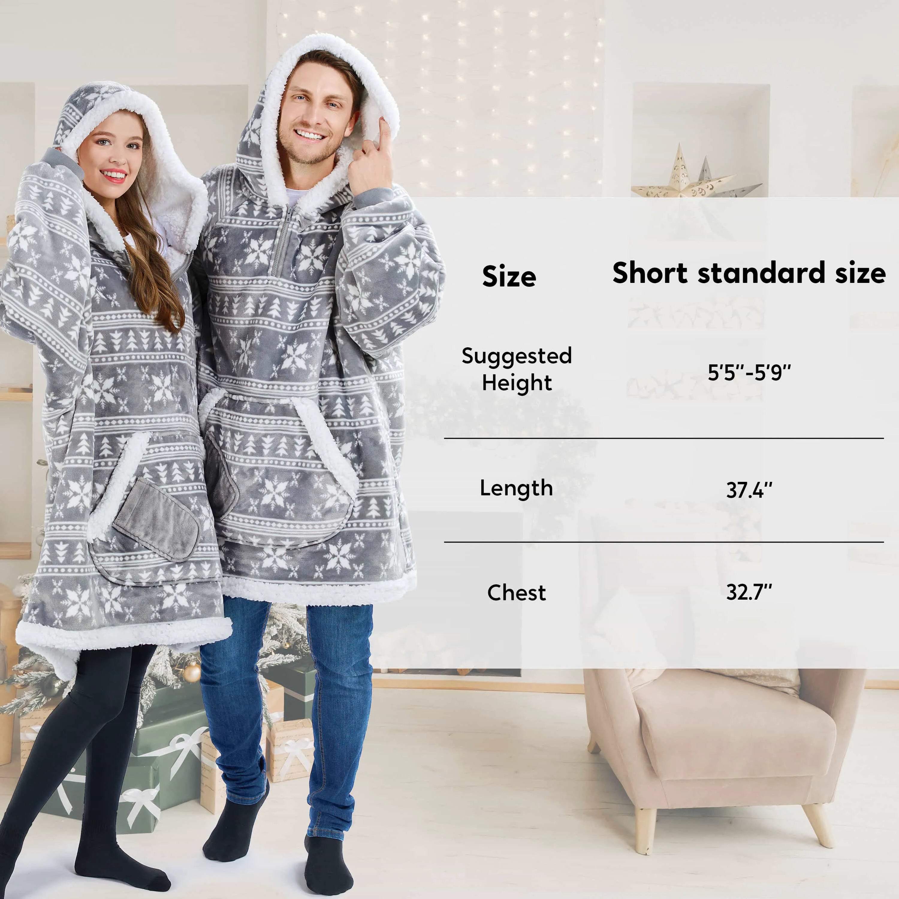 Cozy Adult Wearable Blanket Hoodie - Fleece Sherpa with Snowflake Pattern