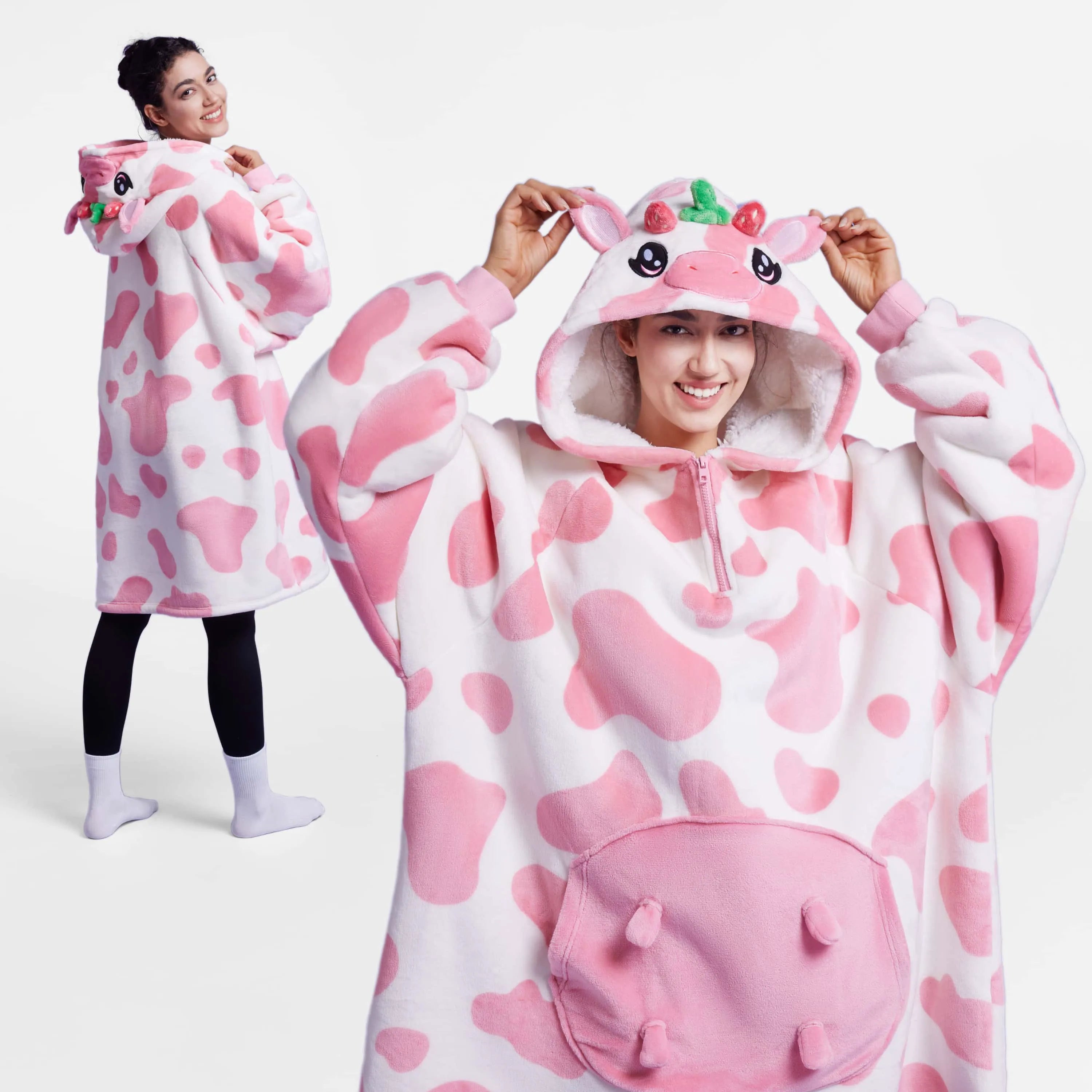 Strawberry Cow Sherpa Wearable Blanket for Adults