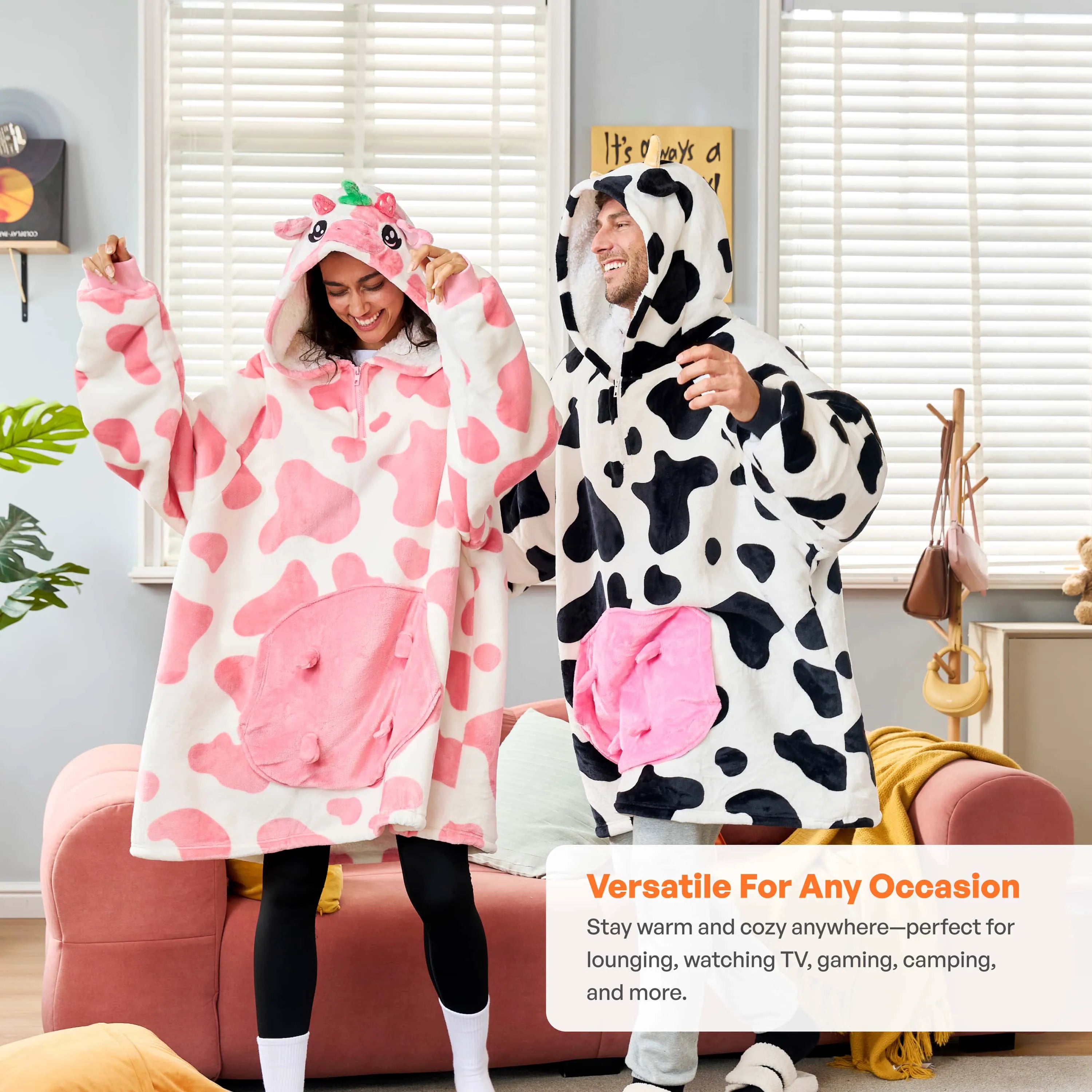 Strawberry Cow Sherpa Wearable Blanket for Adults
